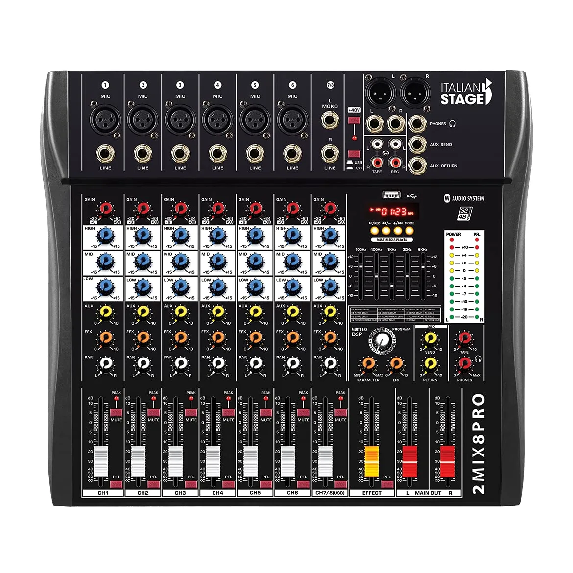 Italian Stage IS 2MIX8PRO - Mixer audio stereo 8 canali + DSP Multi FX, Lettore/registratore USB integrato e Bluetooth, Nero