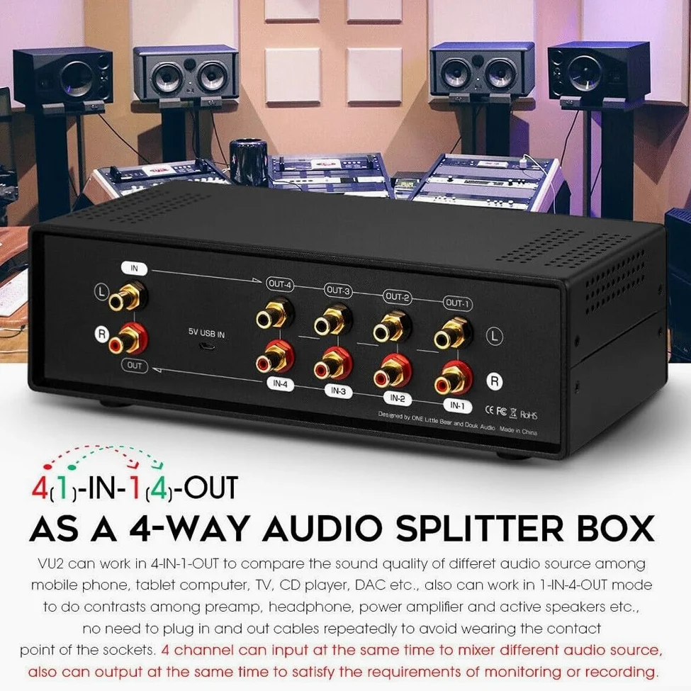E microfono compatibile VU Meter Box analogico con display VU indipendente e routing audio 1 in 4 out 4 in 1 out (retroilluminazione gialla)