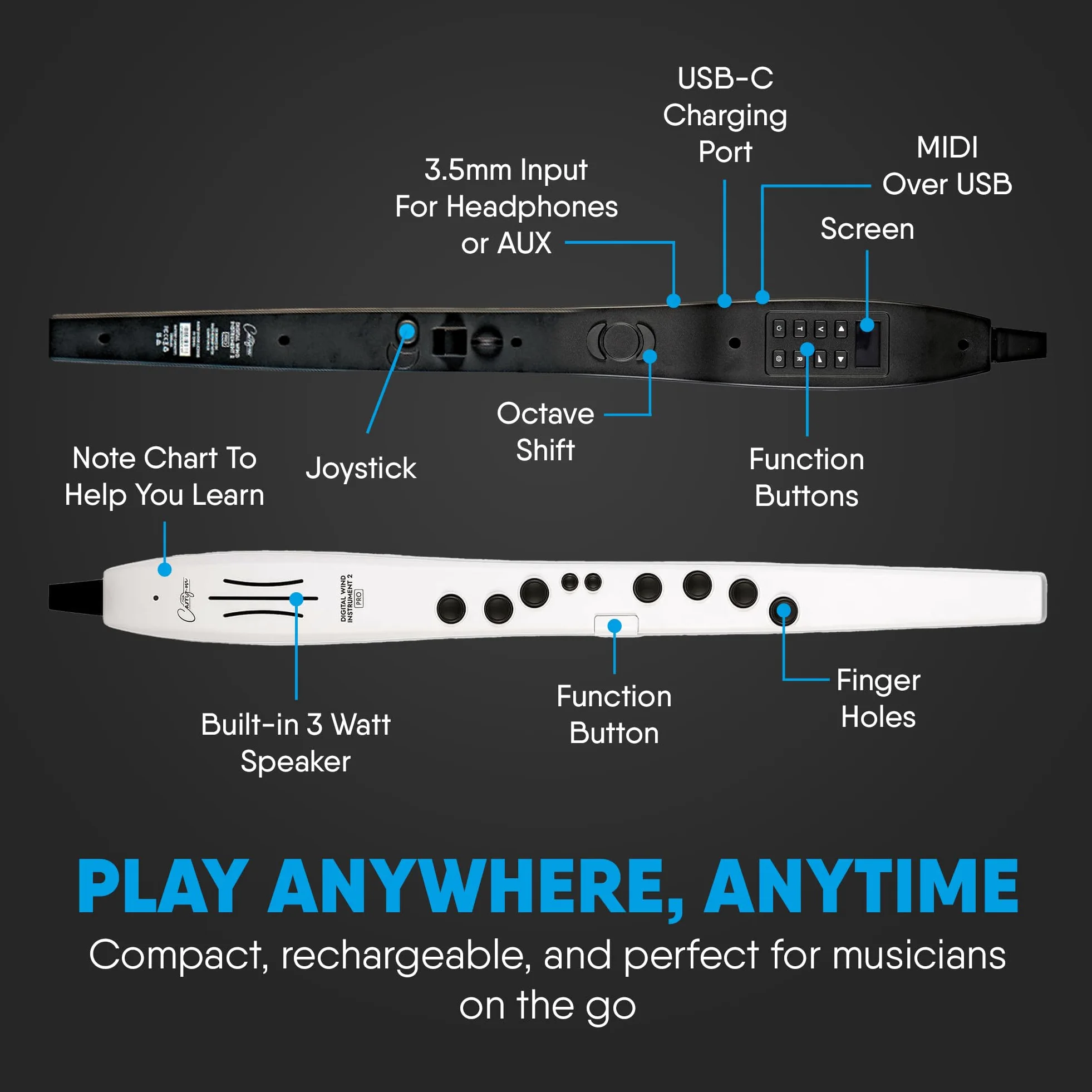 Carry-on Digital Wind Instrument Pro - 65 voci, batteria ricaricabile USB integrata, uscita cuffie per esercitazioni silenziose, registratore digitale Midi Over Bluetooth