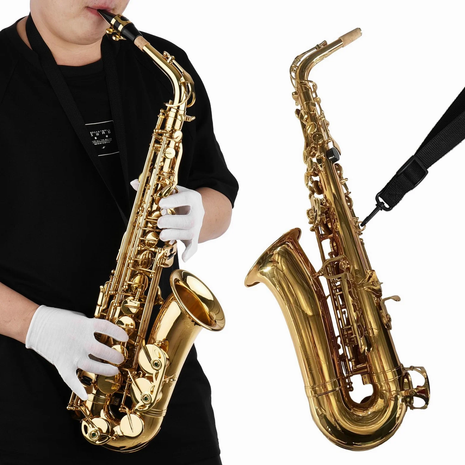 ACAGALA Sassofono contralto Eb, sassofono, corpo in ottone, tasti a conchiglia bianchi, strumento a fiato con borsa per il trasporto, guanti, panno per la pulizia, spazzola, collo del sassofono
