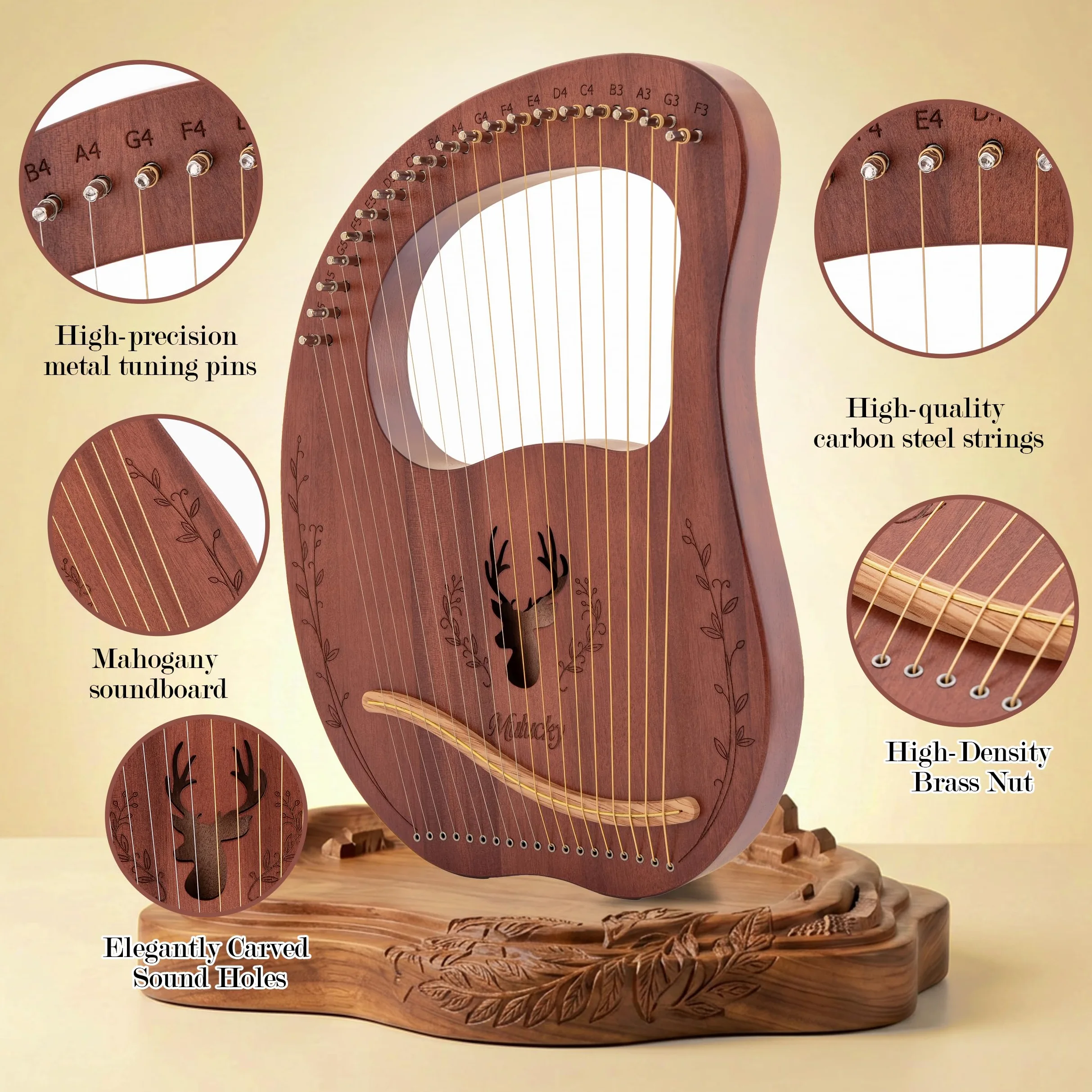 Mulucky Arpa a 19 corde, in mogano, con kit di strumenti musicali a corda con custodia per chiavi di accordatura, corde extra, per principianti e adulti