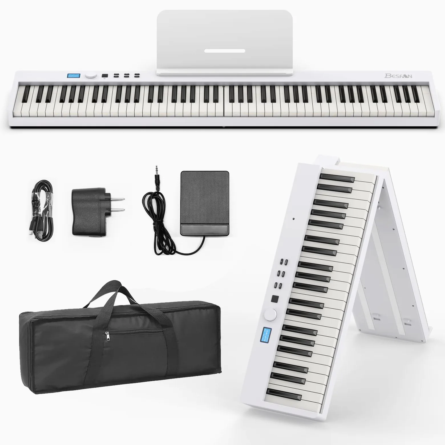 Tastiera a 88 tasti BSP-10F Pianoforte pieghevole portatile con tastiera semi-pesata, 128 toni, USB MIDI, pedale sustain, leggio per principianti, regalo per principianti, bianco