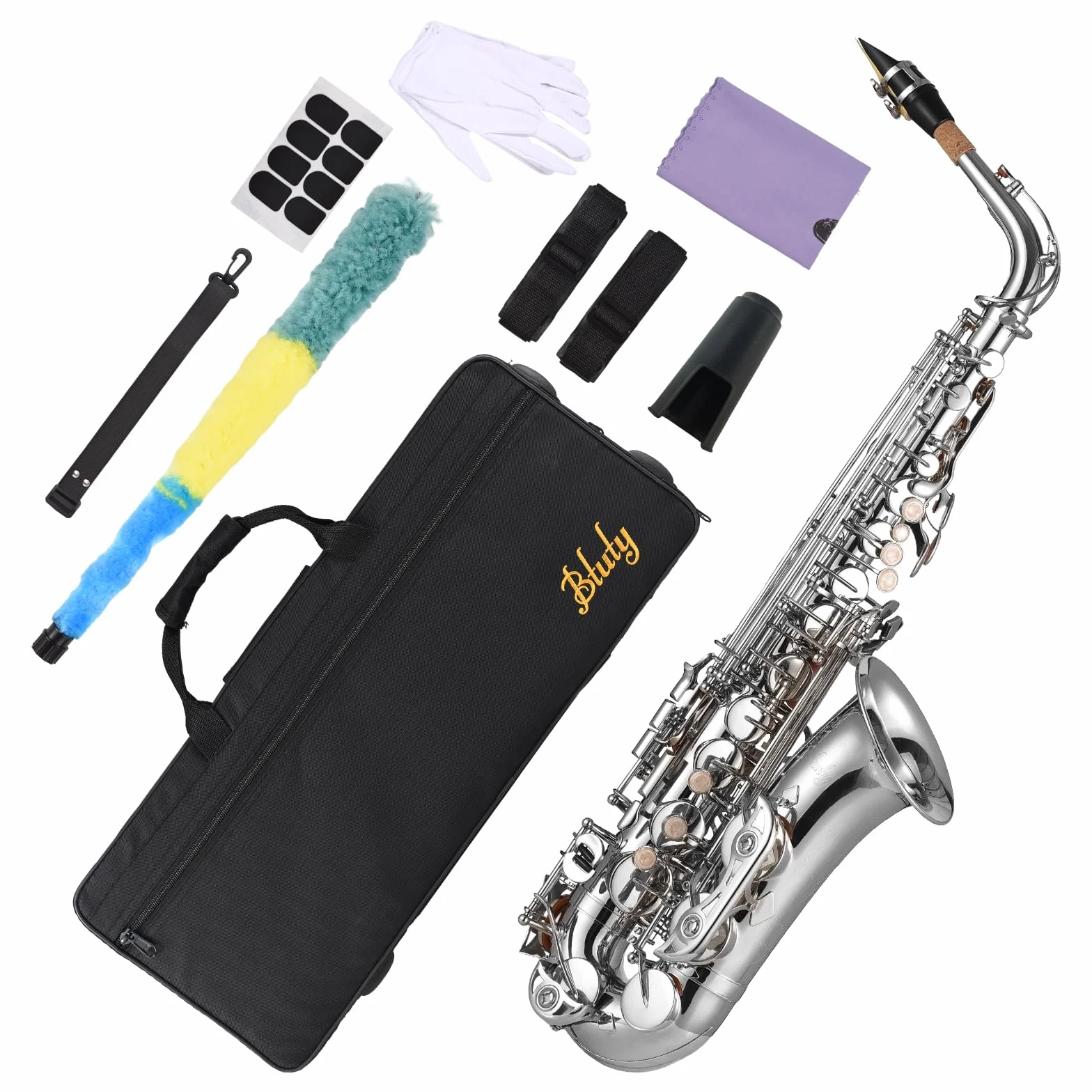 Btuty Eb Sassofono Alto Ottone E Flat Sax 802 Tipo Chiave Strumento a Vento in Legno Zeppe chiavi sax Sax Key Props per Alto con Barra di Pulizia Guanti in Tessuto Cinghia Imbottita
