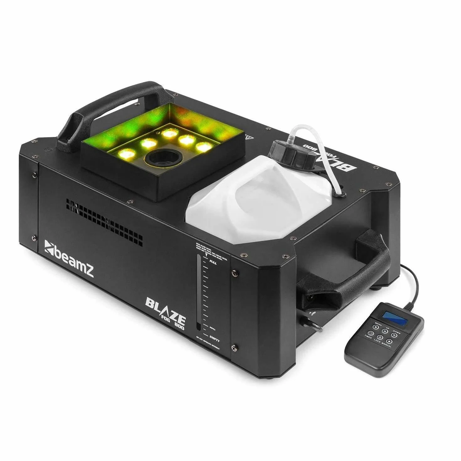 BeamZ BLAZE800 - Macchina per fumo verticale e orizzontale RGBA, 800 Watt, 12 LED da 4 watt, serbatoio 2,8 L con indicatore, modalità DMX o autonoma, ideale per creare un'atmosfera visiva