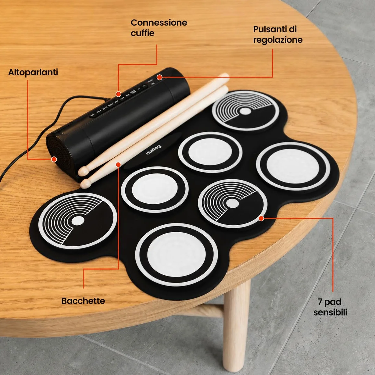 Batteria Elettronica Portatile per Bambini e Principianti, 7 Pad + 2 Pedali, 12 Ritmi Demo, 7 Suoni, Funzione Registrazione, Ingresso MP3, Uscita Cuffie e Altoparlanti