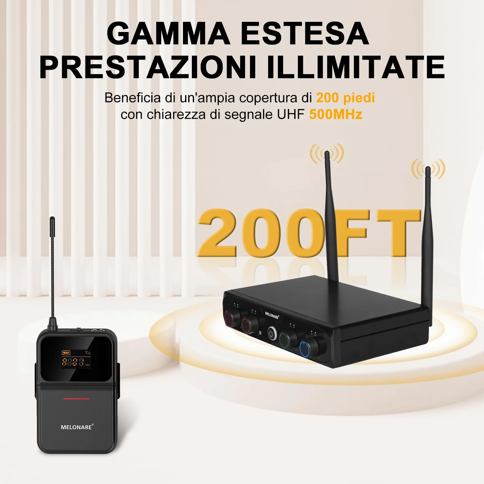 MELONARE Sistema microfonico wireless UHF a 4 canali con 4x10 frequenze, portata di 200 piedi, 4 bodypack e microfoni per cuffie/lapelle per canto, chiesa, conferenza (MWM-41-4B)