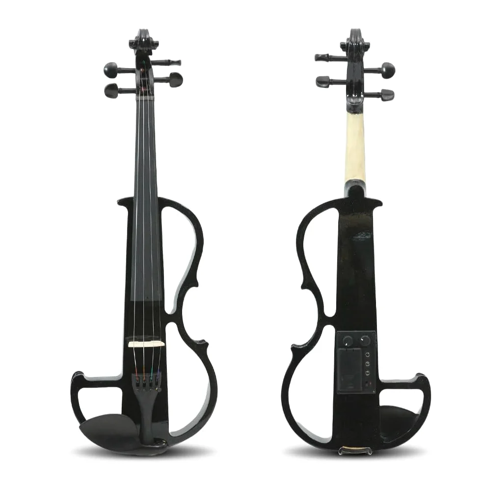 Violino elettrico full size silenzioso corpo in legno massello ebano raccordi con custodia, archetto, cuffie, cavo, corde per studenti, principianti e adulti (nero)