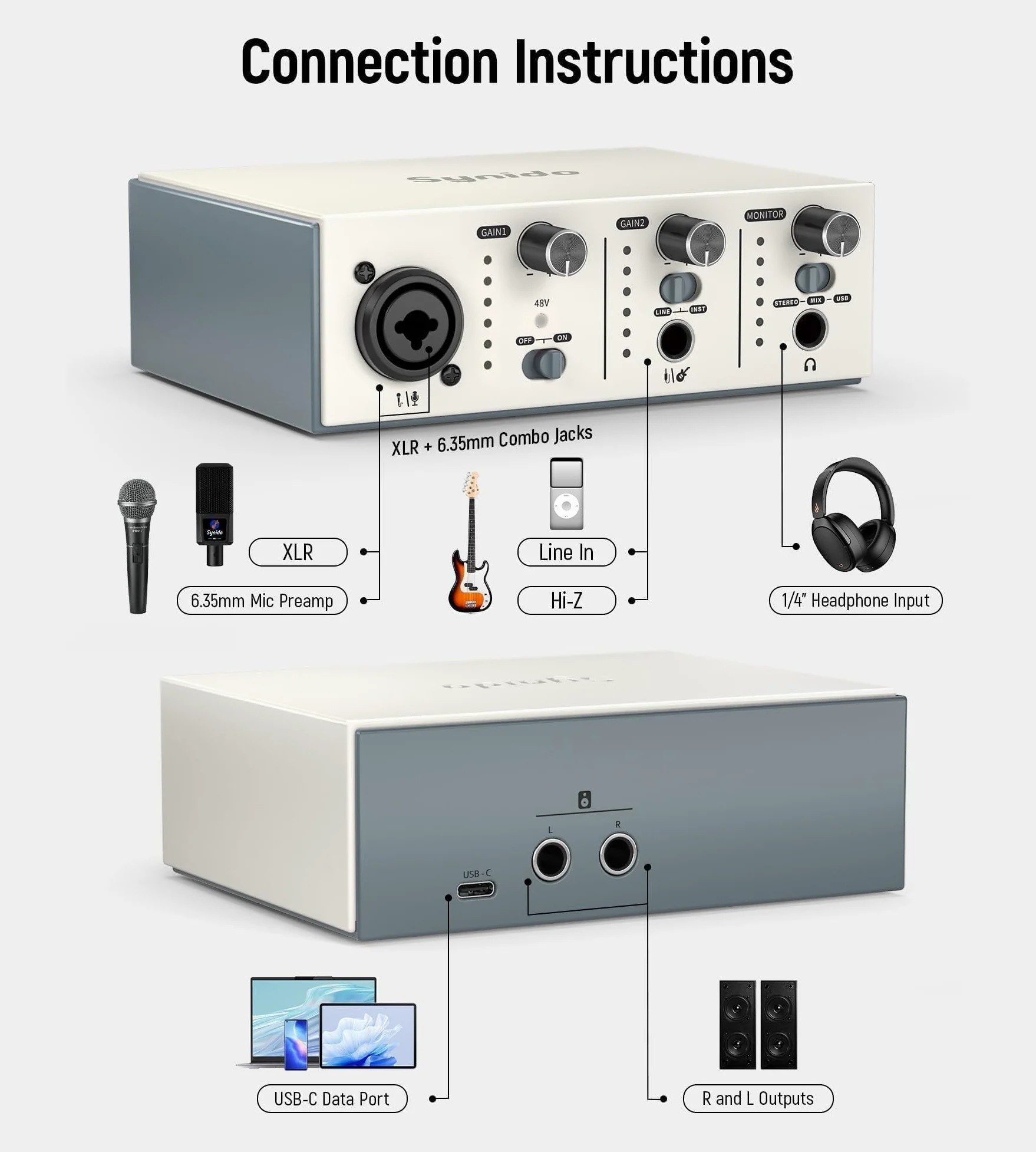 Synido Interfaccia audio USB C per la registrazione di musica, streaming, podcasting con XLR, ingresso di linea, 24 bit/48 kHz, alimentazione phantom 48 V, 2 canali, argento