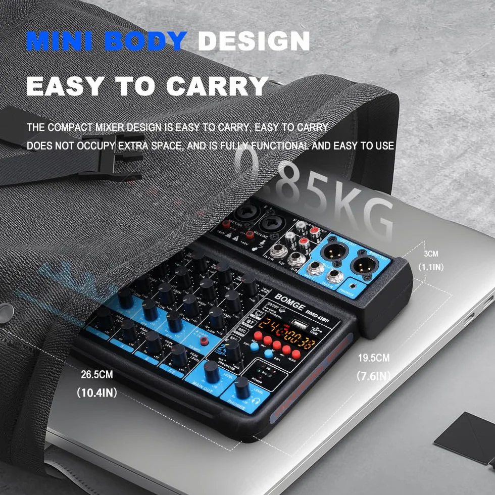 BOMGE 8 channel mini audio mixer Line Mixer ，DC 5V，with MP3 Player,Bluetooth, U disk 48V,24DSP effects, USB recording Ideal for Small Clubs or Bars, Studio Recording (8 channels-BLACK)