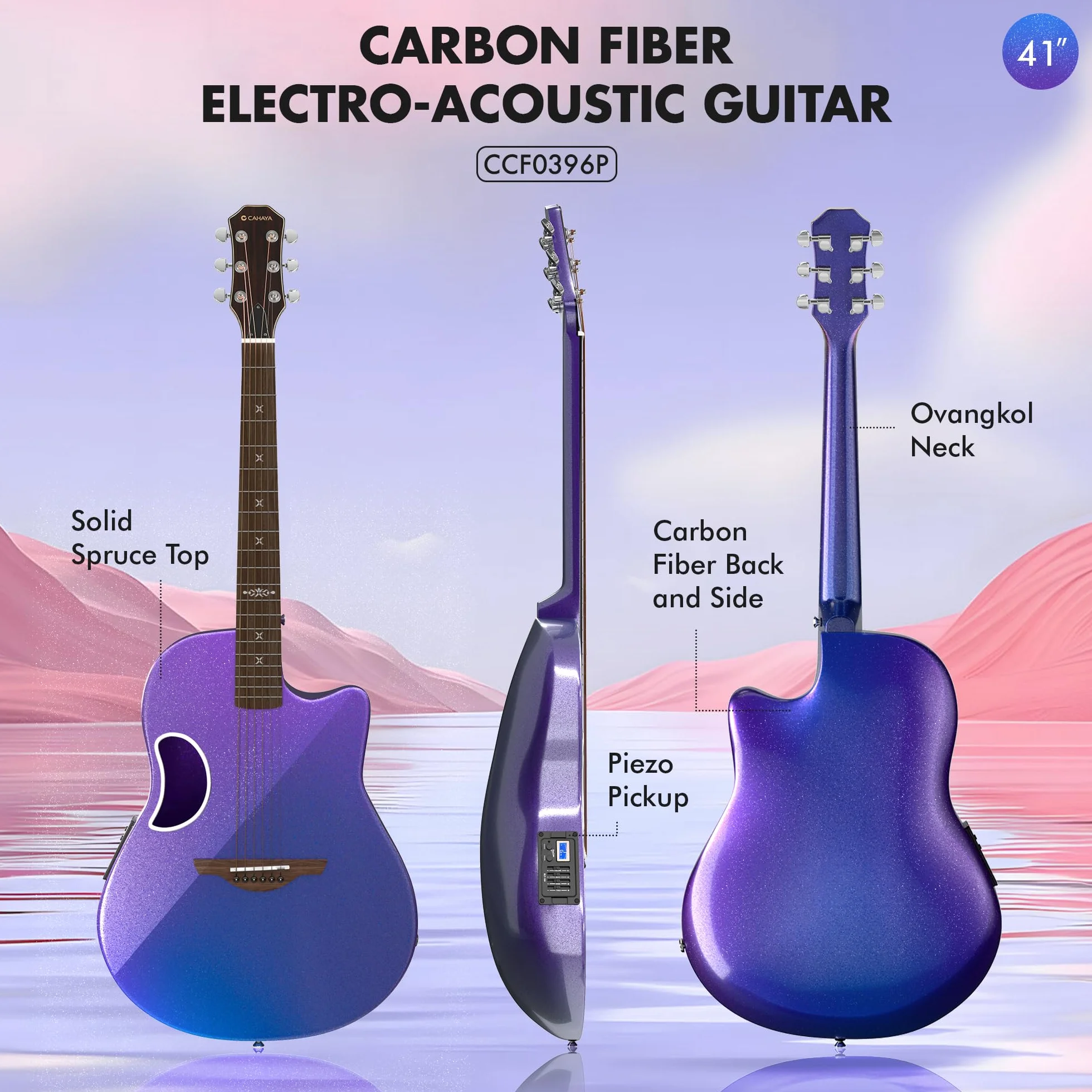 CAHAYA Chitarra Elettro-Acustica 41 Pollici: Fibra di Carbonio con Finitura Sfuma Blu-Viola Elegante, Tavola in Abete, Pickup Piezo Integrato, Perfetta per Viaggio e Palco (CCF0396P)