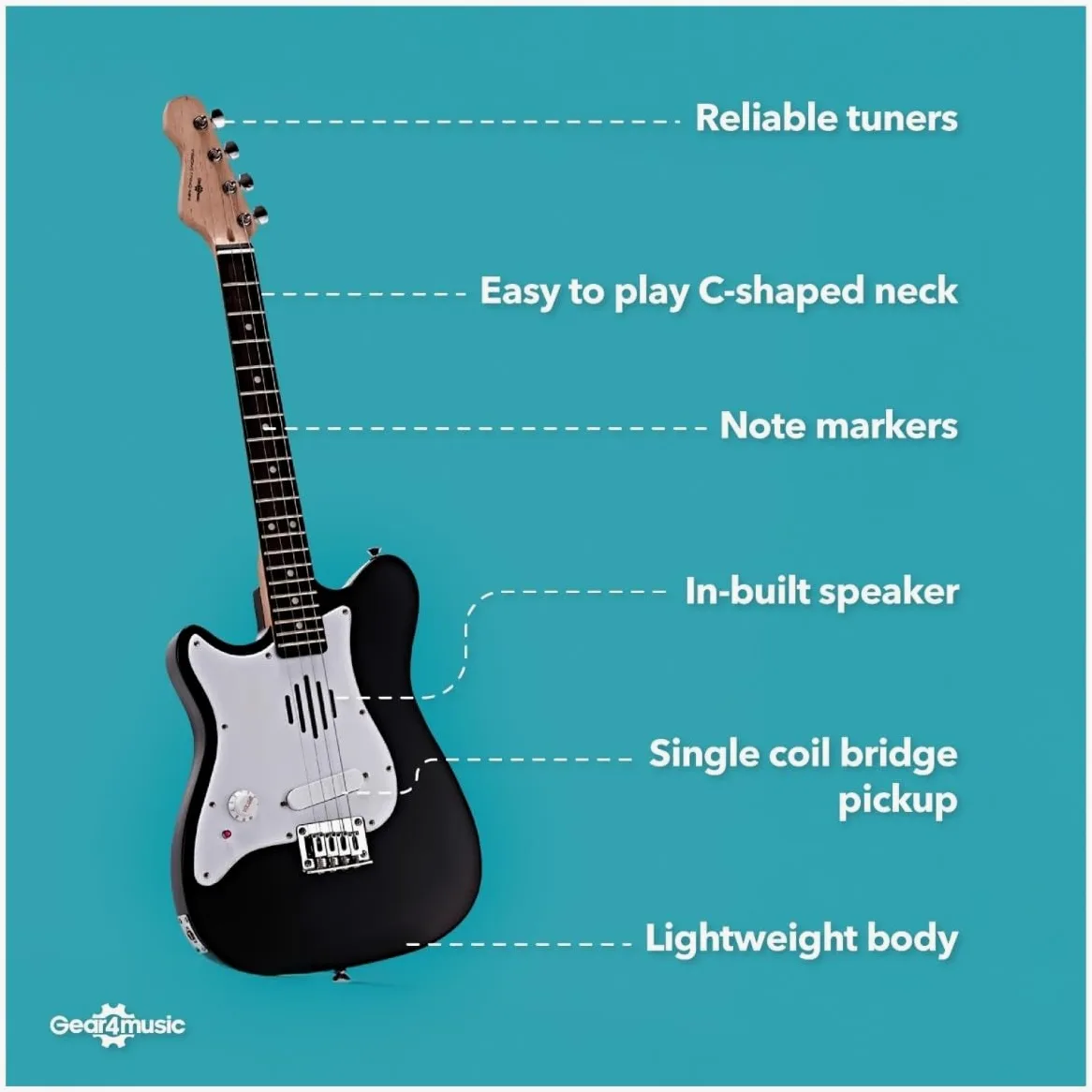 VISIONSTRING Mini Chitarra Elettrica Mancina 1/2 con Altoparlante, Nero | Chitarra Bambini 1/2 con Altoparlante Integrato, Borsa Tracolla Accordatore e Plettri, Mancina, Nero