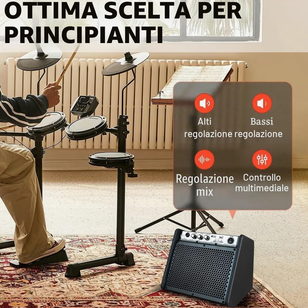 Coolmusic DM20 20W Amplificatore per monitor personale Bluetooth Amplificatore per batteria elettrica Altoparlante, tastiera e altoparlante per chitarra acustica (20W con cavo)