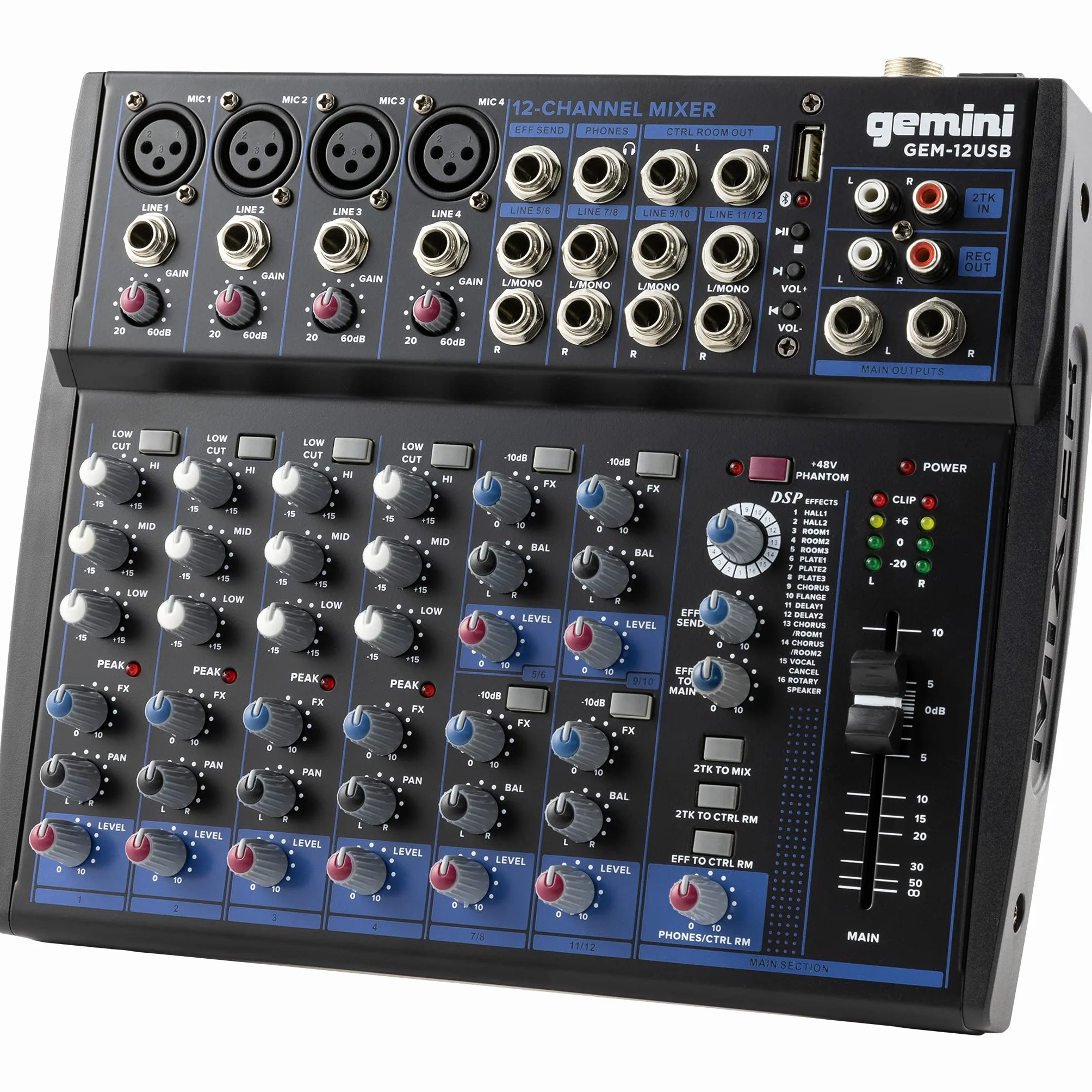 Gemini Sound GEM-12USB - Audio Mixer Analogico a 12 Canali Compact 12 Channel, Inclusi i 4 Canali MIC, 3 Band EQ, Riproduzione USB Da USB Stick E Streaming Bluetooth