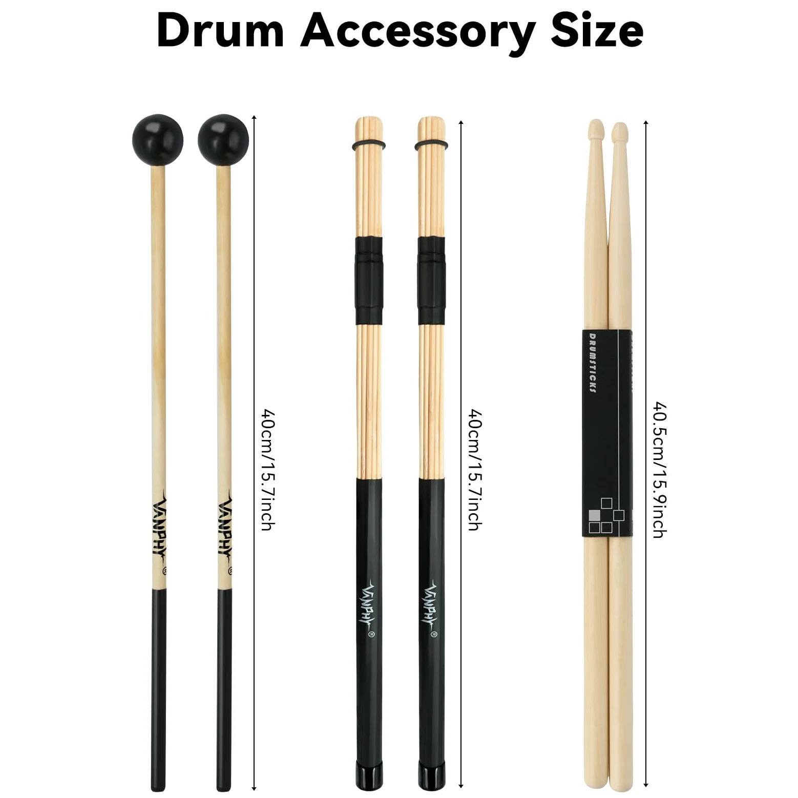 Il set include 5 paia di bacchette per batteria, set di pennelli con custodia portatile, accessori per strumenti a percussione, per esercitazioni di batteristi acustici, rock band, studenti