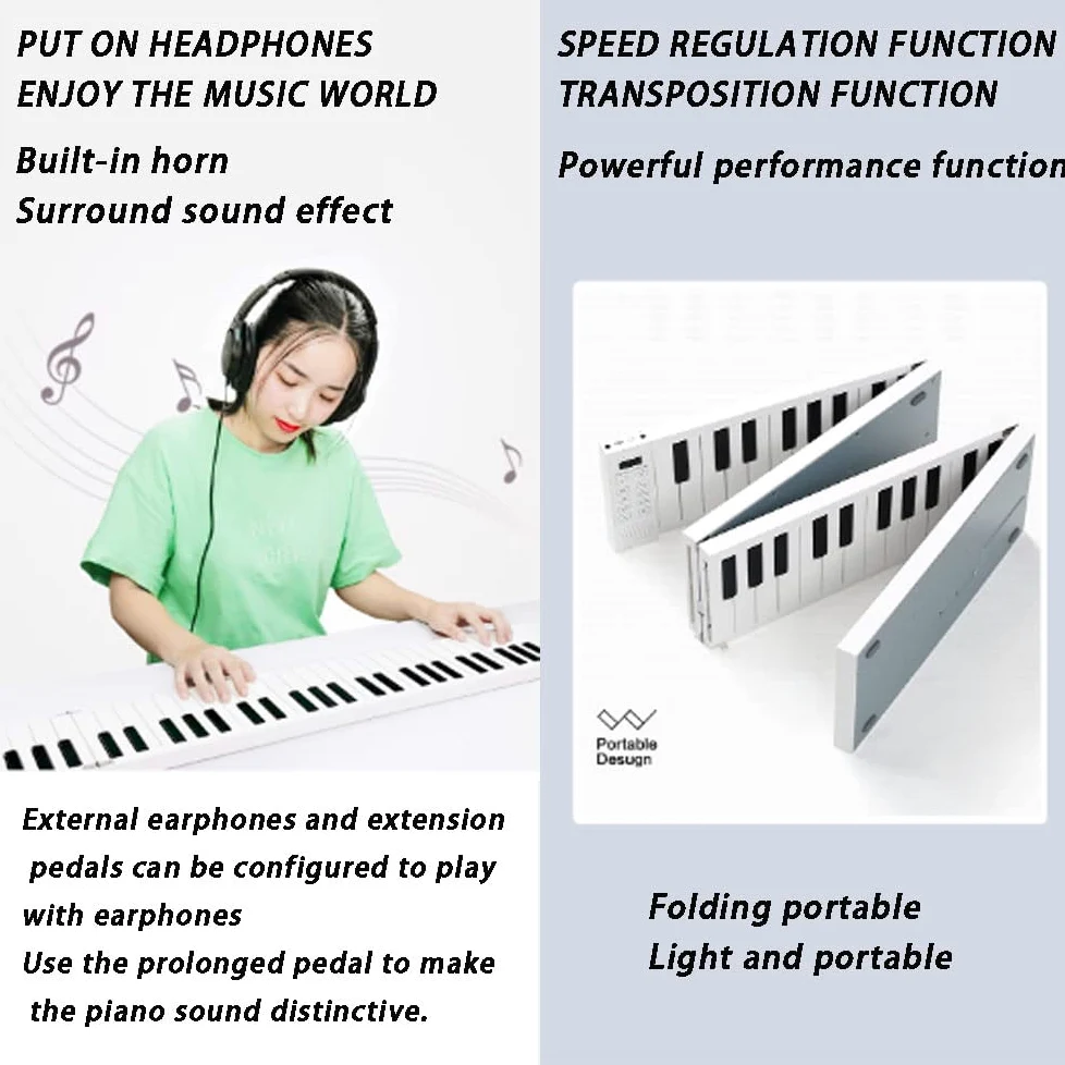 Pianoforte pieghevole a 88 tasti, tastiera portatile pieghevole, per collegare Bluetooth e cuffie, pedale sostenuto, batteria ricaricabile, tastiera elettronica portatile per principianti (bianco)
