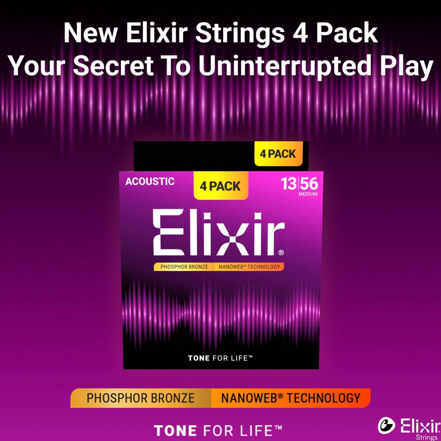 Elixir Strings Corde per chitarra acustica in bronzo fosforoso con tecnologia NANOWEB, medie (.013-.056) - Confezione esclusiva Amazon da 4