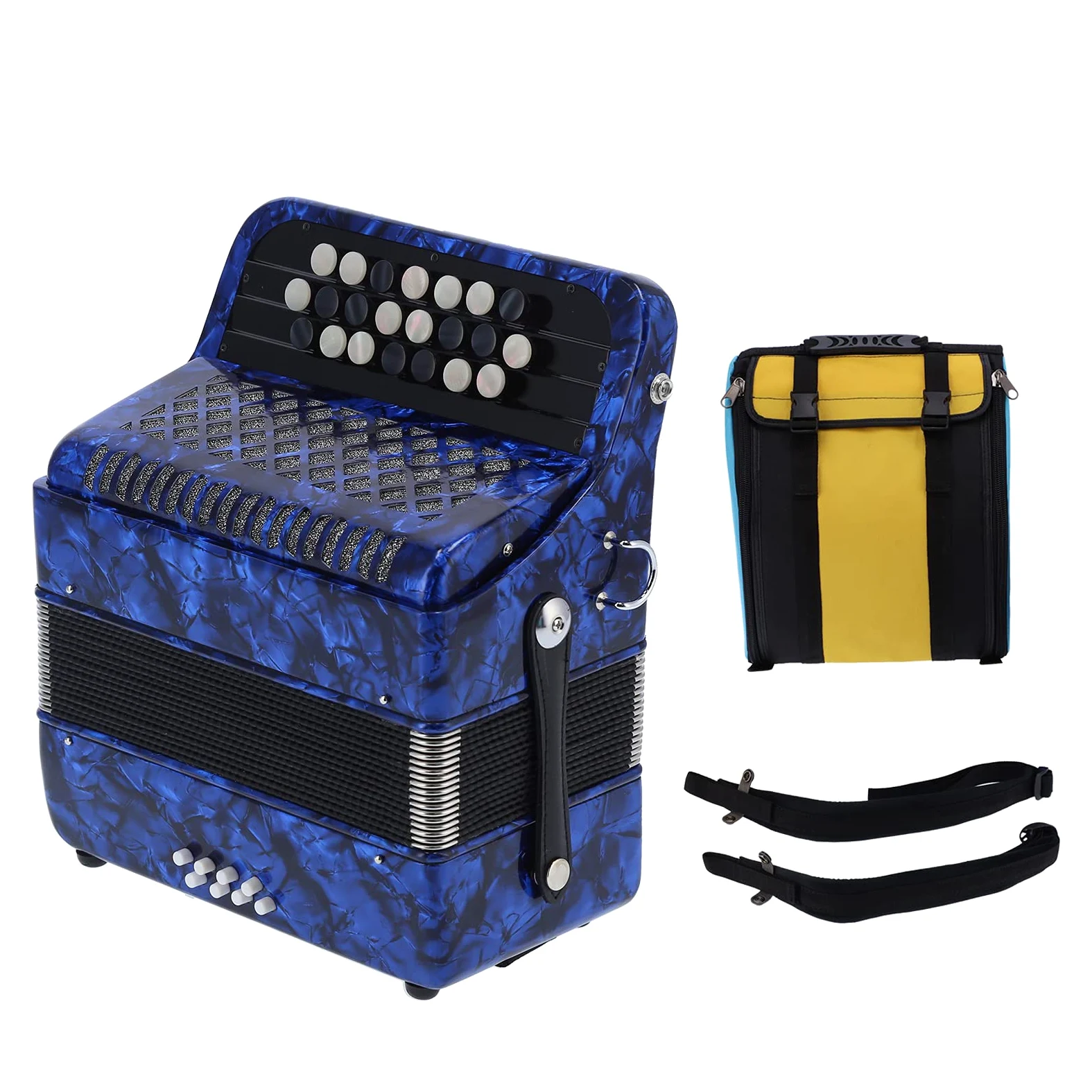 Fisarmonica Professionale a 22 Tasti e 8 Bassi, Pulsante Rotondo Antiscivolo Bianco e Nero, ABS di Alta qualità, Legno, Metallo, con Zaino per Fisarmonica, per Principianti (blu