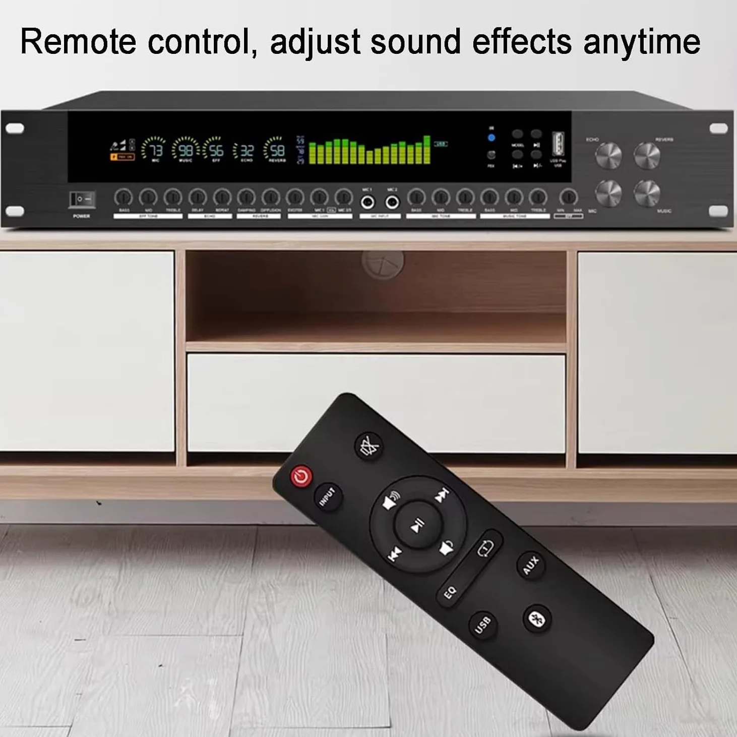 Processore audio digitale con equalizzatore a 15 bande con schermo LCD, telecomando, riproduzione USB/Bluetooth, anti-ulula, riverbero DSP multi-effetto
