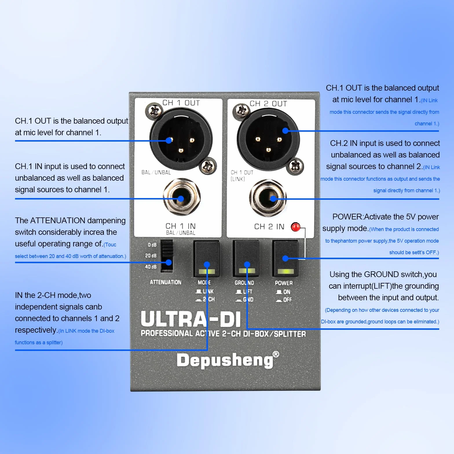 Depusheng Ultra-DI Di2 Professional Active DI-Box/Splitter a 2 canali con attenuatore di ingresso per collegare chitarra e basso, connettore bilanciato e sbilanciato, alimentazione 48V supportata