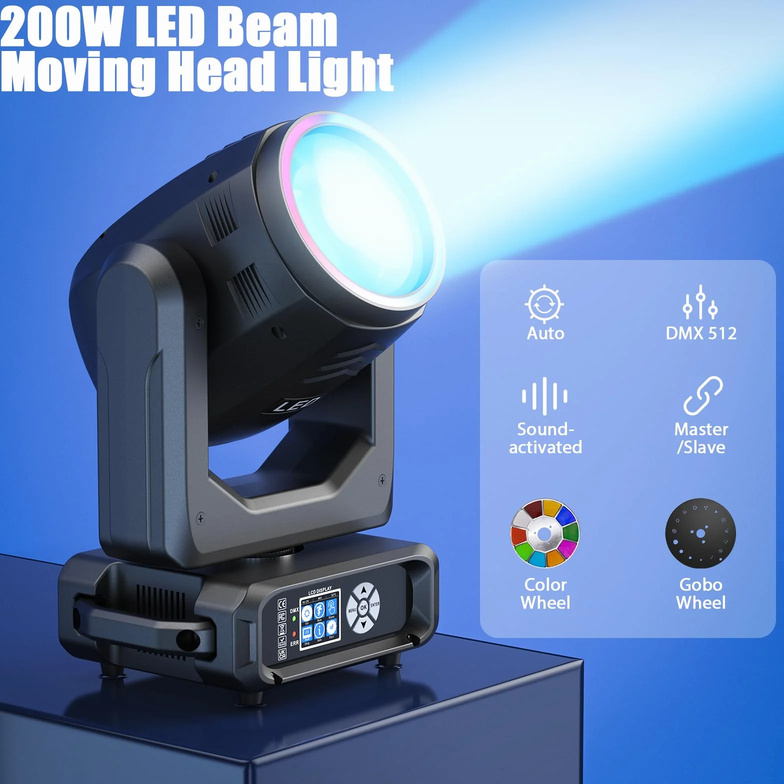 2 faretti LED a testa mobile da 200 W con flightcase, 11 colori, 14 gobos, Beam, luci per discoteca per palcoscenici, club, matrimoni, bar