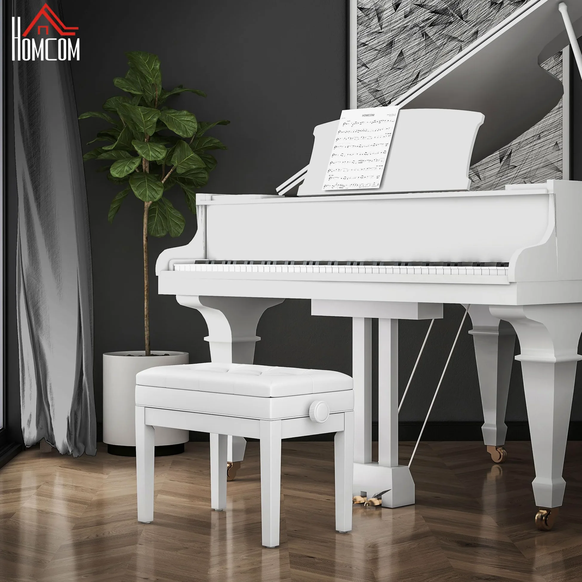 HOMCOM Sgabello Pianoforte con Altezza Regolabile 48-58 cm 200 kg Bianco | Panca Pianoforte, Vano Contenitore, Seduta Imbottita, Pelle PU, Gambe Legno di Caucciù, per Tastiera, per Pianola
