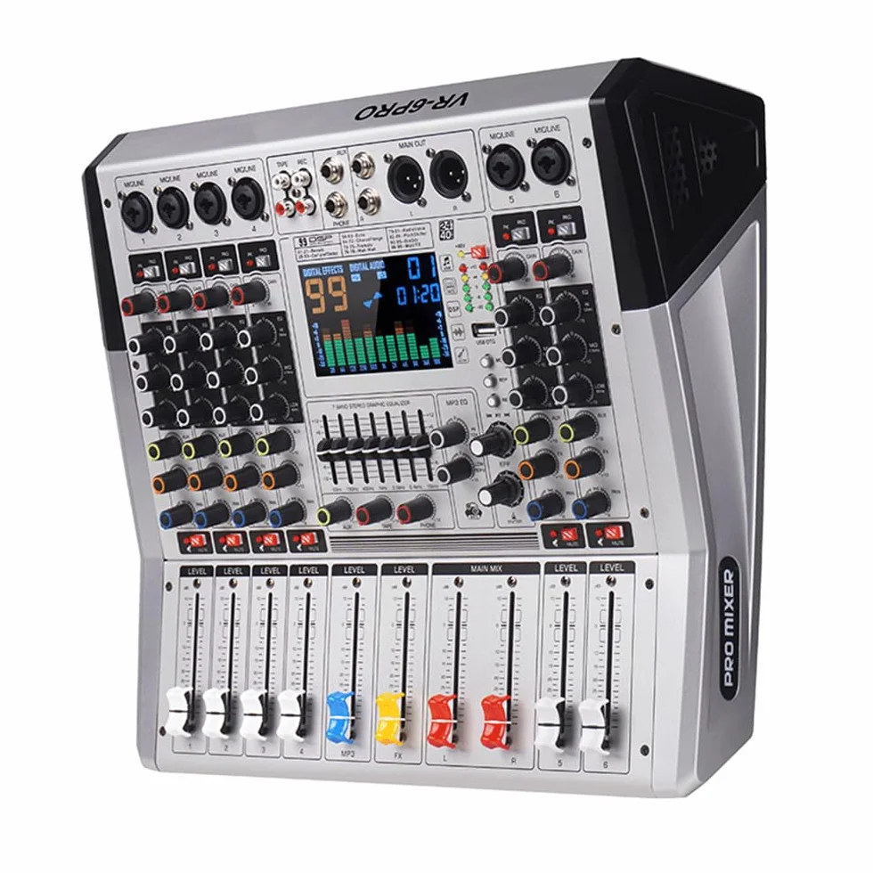 VR-6 PRO Mixer Audio - Amplificatore ad Alta Potenza da 550W x 2, 99 Effetti DSP, Console DJ Audio Bluetooth, Display a Grande Schermo Spettro, Tuner DJ con Riduzione Intelligente del Rumore