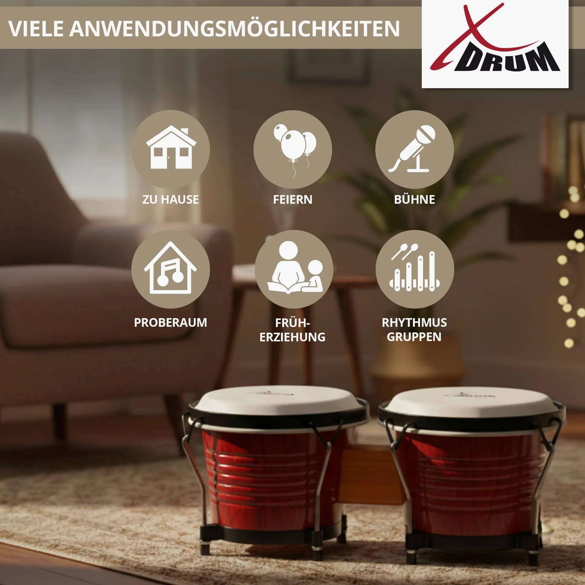 XDrum Bongos Pro Rosso Vino - 2 Tamburi con diametro 6,5" (17 cm) e 7,5" (20 cm) - Bonghi con pelli naturali accordabili, chiave di accordatura e supporto - Tamburi in legno rossi