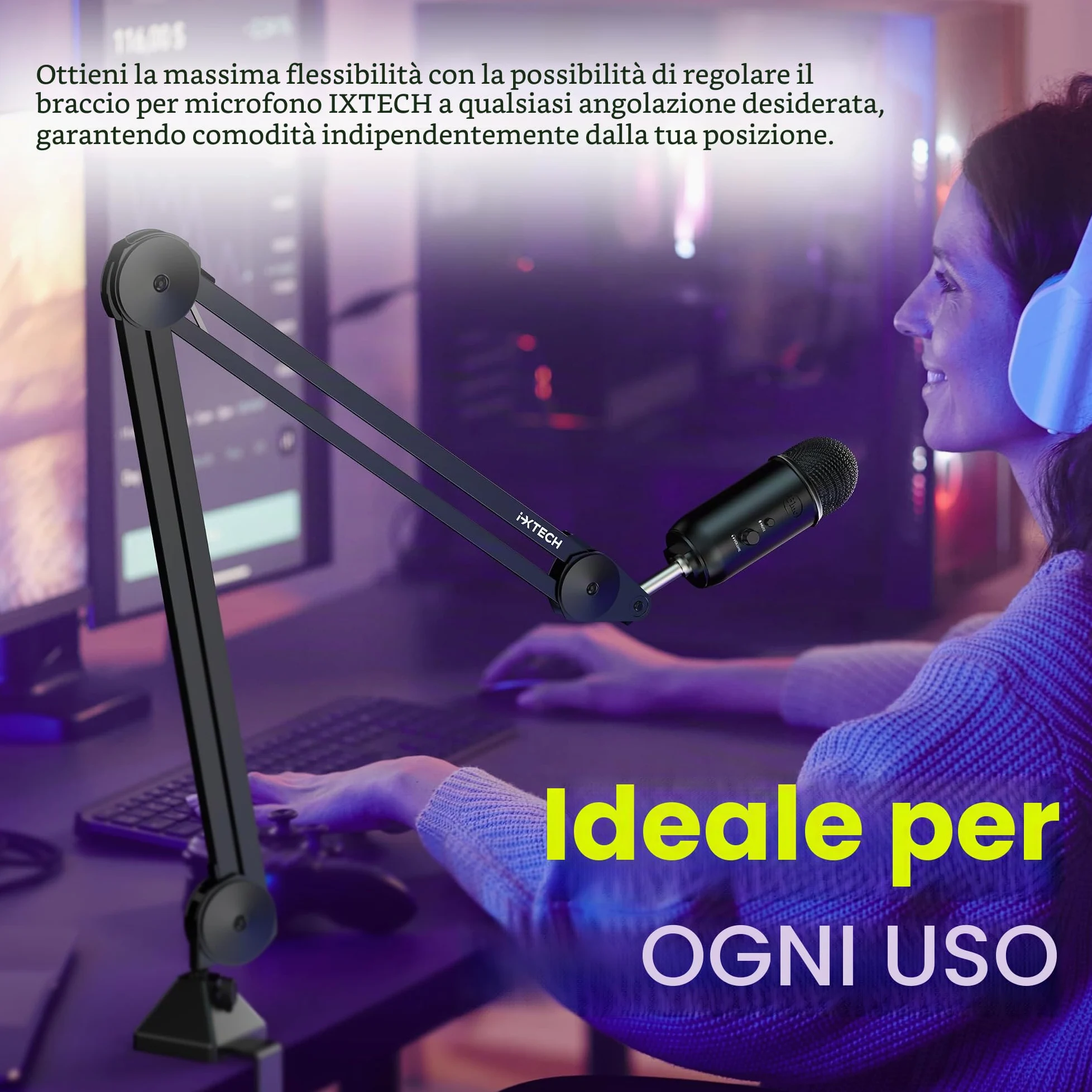 IXTECH Supporto per microfono a braccio regolabile, resistente, con fascette, supporto da scrivania per gaming, streaming e podcasting.
