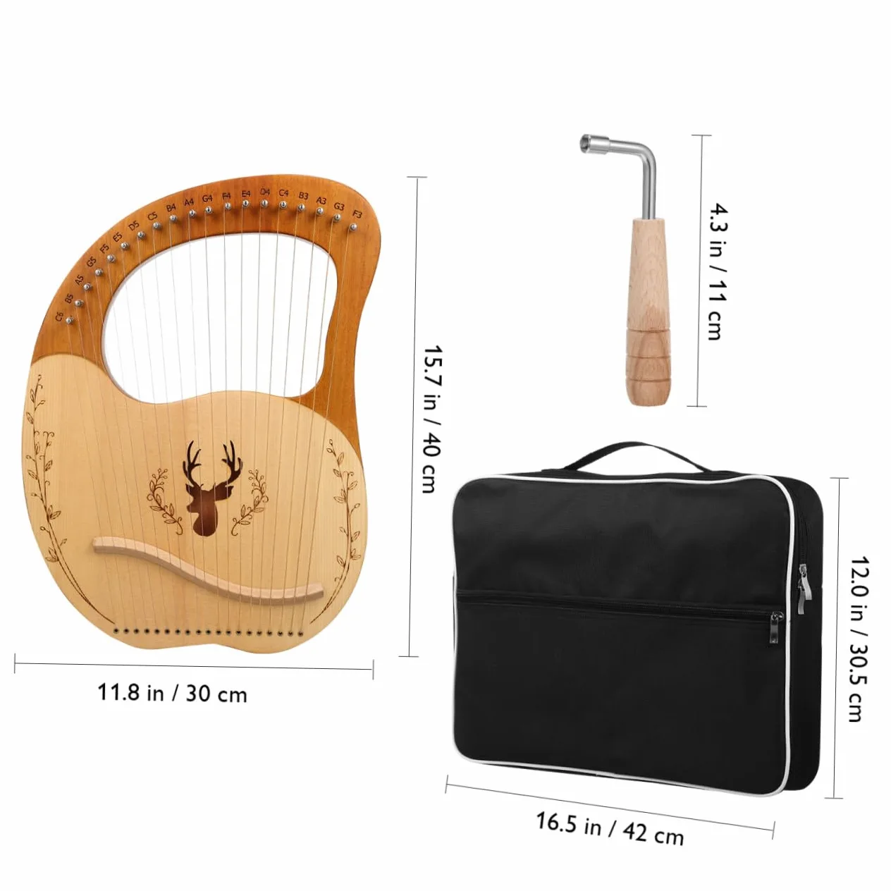 VICASKY Set di Lira Strumento Musicale con 19 Corde in Metallo, Accordatura Regolabile, Custodia in Poliestere e Chiave di Accordatura per Principianti, Legno con Bordi Arrotondati