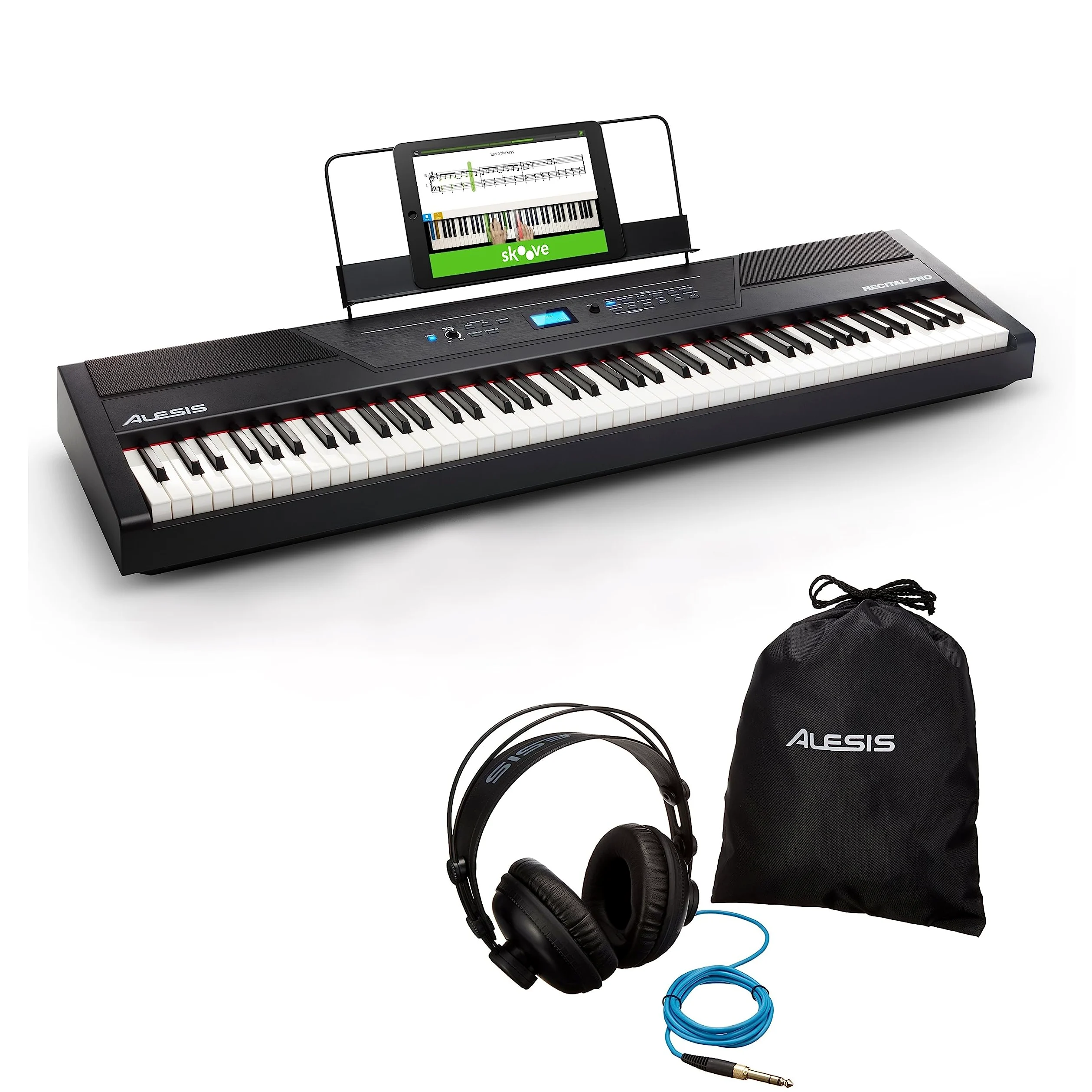 Alesis Recital Pro + SRP100 - Pianoforte Digitale 88 Tasti Pesati, Pianola con Casse Integrate e Lezioni Online + Cuffie da Studio Monitor Professionali