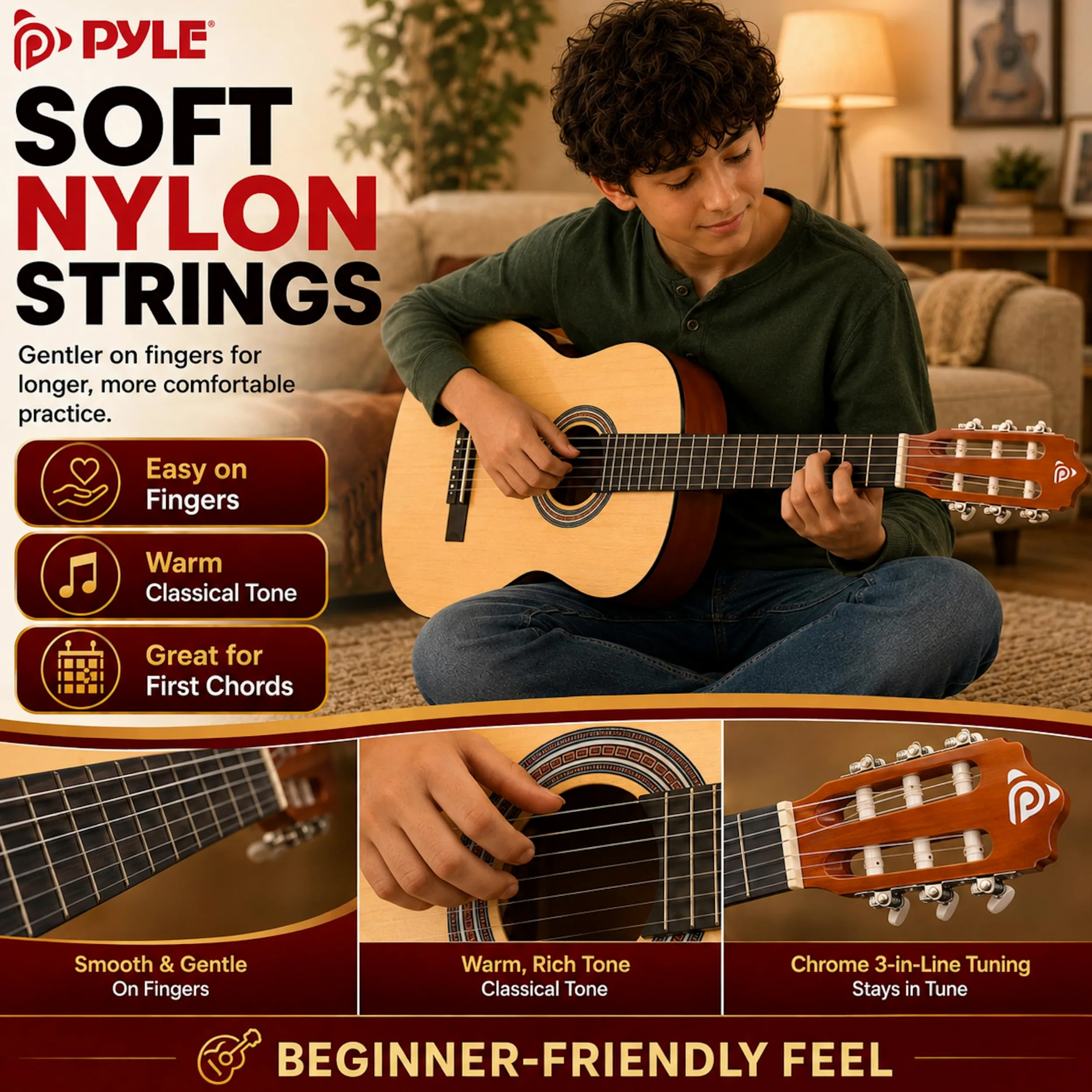 Pyle Kit per chitarra acustica per principianti, 1/2 Junior Size All Wood Instrument con kit di accessori completo, plettri, tracolla, custodia, panno per la pulizia, app accordatore, lezioni di 2