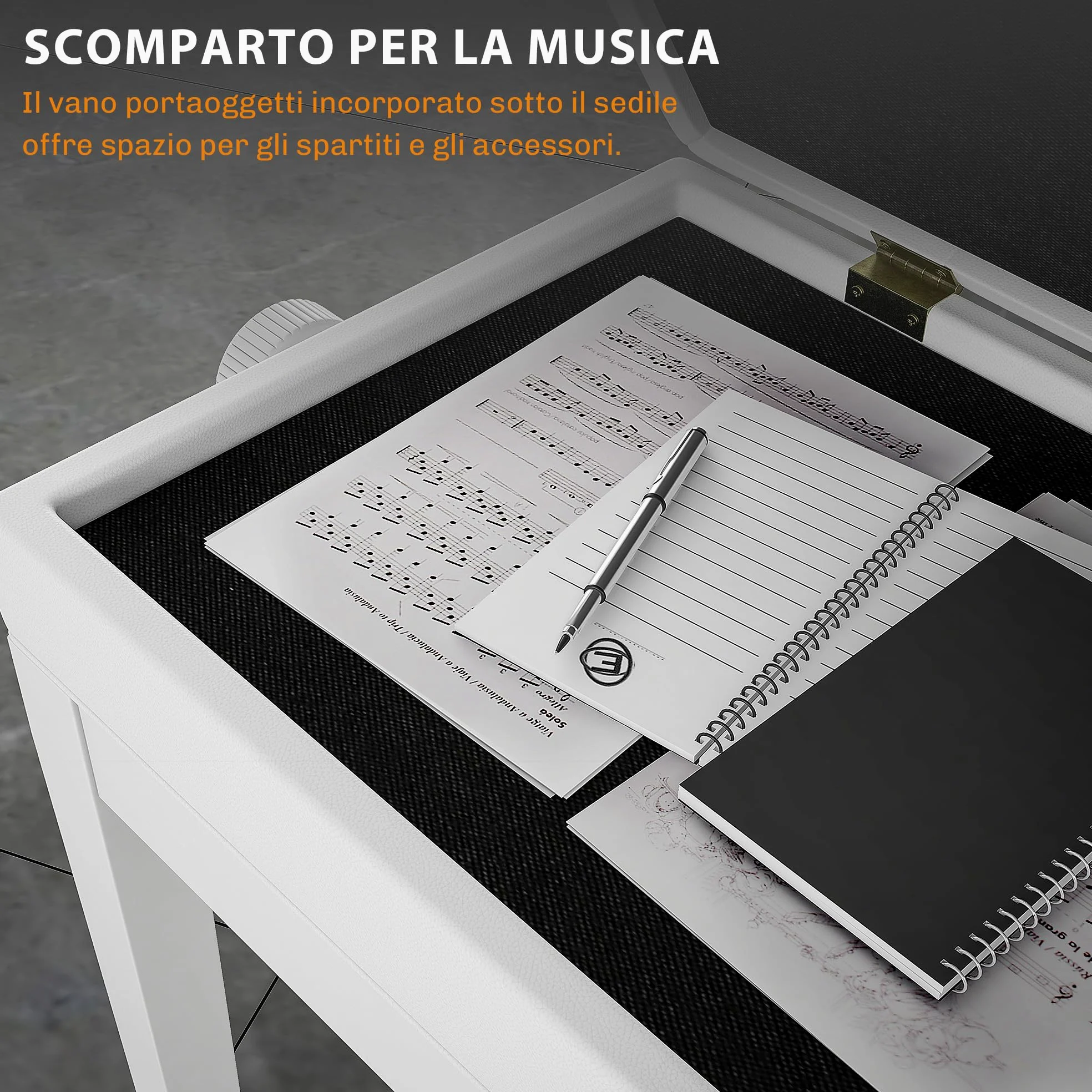 HOMCOM Sgabello Pianoforte con Altezza Regolabile 48-58 cm 200 kg Bianco | Panca Pianoforte, Vano Contenitore, Seduta Imbottita, Pelle PU, Gambe Legno di Caucciù, per Tastiera, per Pianola