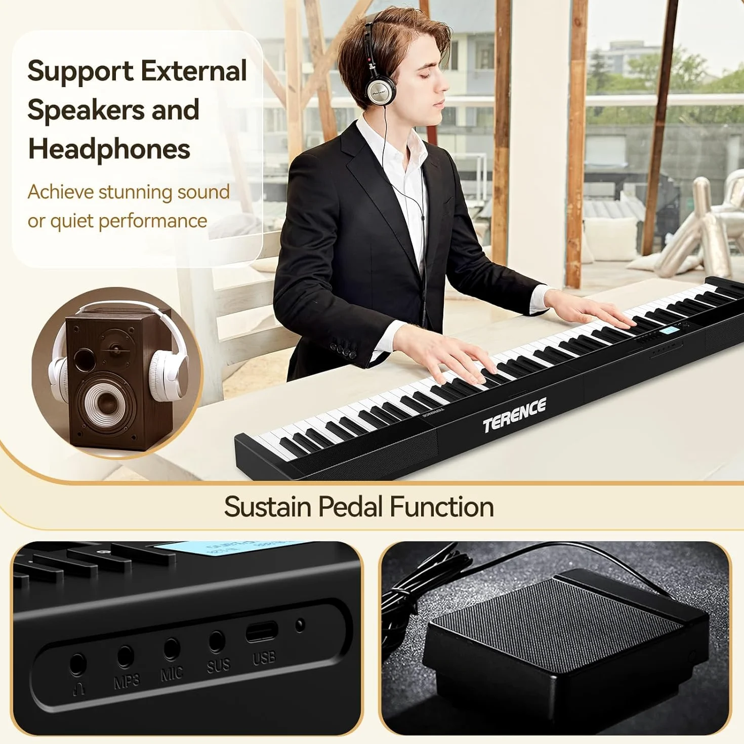 TERENCE Pieghevole Pianoforte Digitale 88 Tasti semi-pesati con batteria da 1800 mAh Altoparlanti 2x5W Bluetooth interfaccia MIDI supporto per spartiti Borsa adesiva Cavo audio con Pedale di sostegno