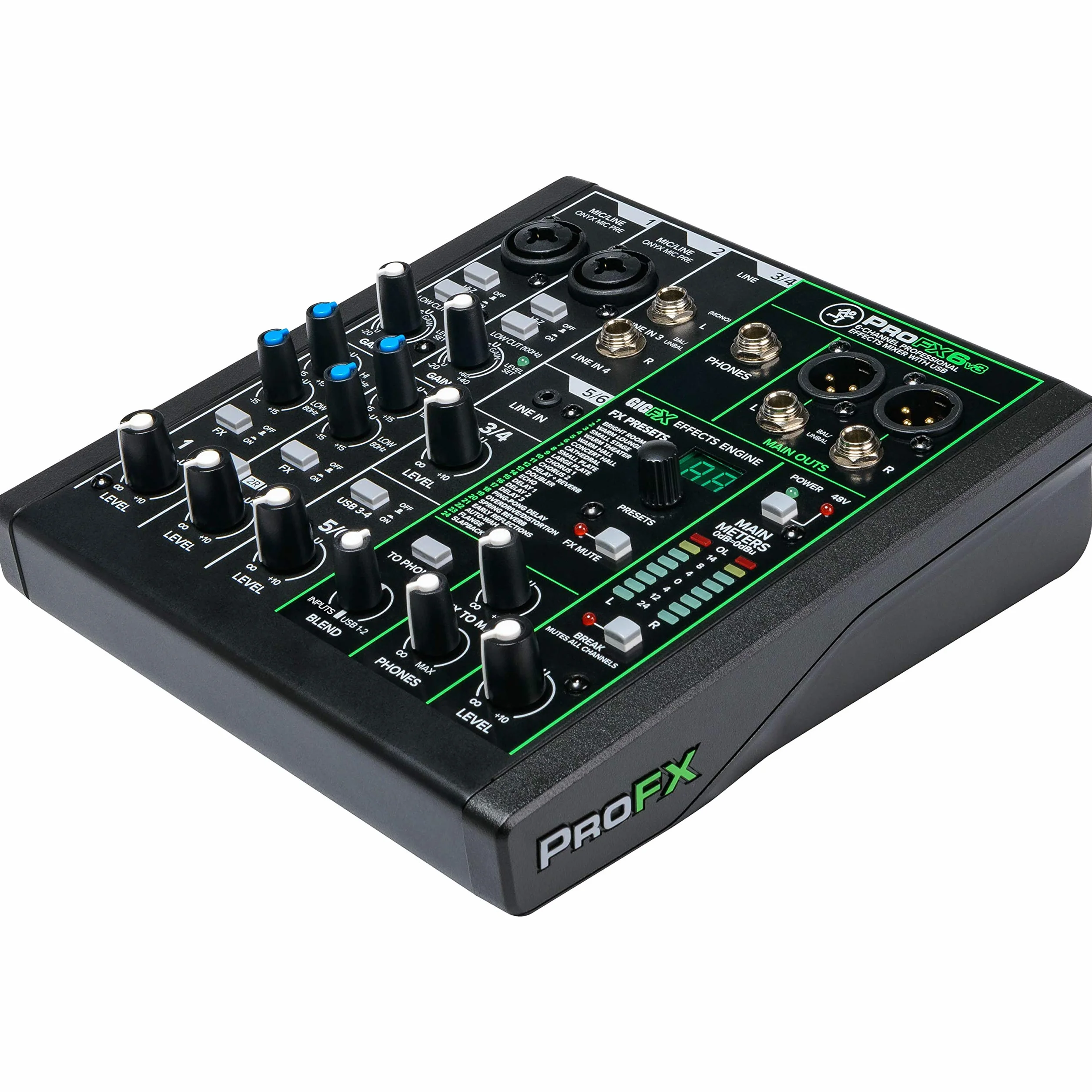 MACKIE Profx6V3 Mixer Analogico a 6 Canali con i Preamplificatori Microfonici Onyx, Effetti e Interfaccia Audio USB a 24 Bit/192 Khz 2X4 Canali