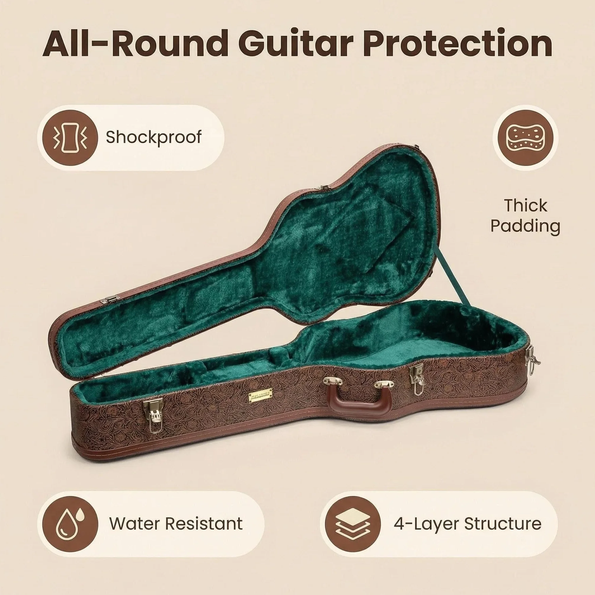 Crossrock Custodia per chitarra Dreadnought della serie Dreadnought per Gibson J-45/Martin D-Style, ecopelle marrone fiore, interno in velluto verde foresta, serratura, custodia rigida in legno di