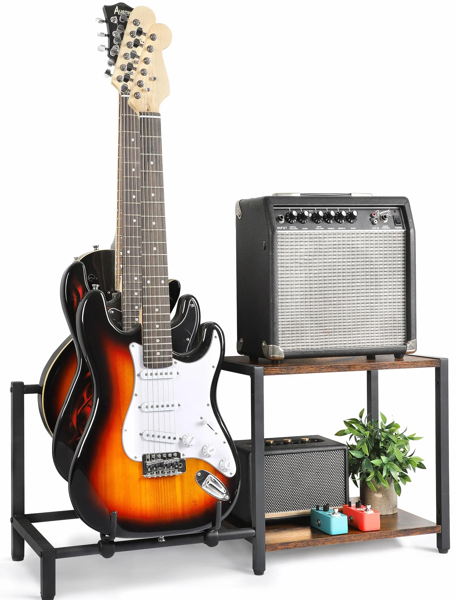 Bikoney Supporto per Chitarra a 3 Posti con Ripiano per Amplificatore, Supporto Regolabile per Chitarre Elettriche e Basso, Rack per più Chitarre e Accessori Musicali per Casa o Studio