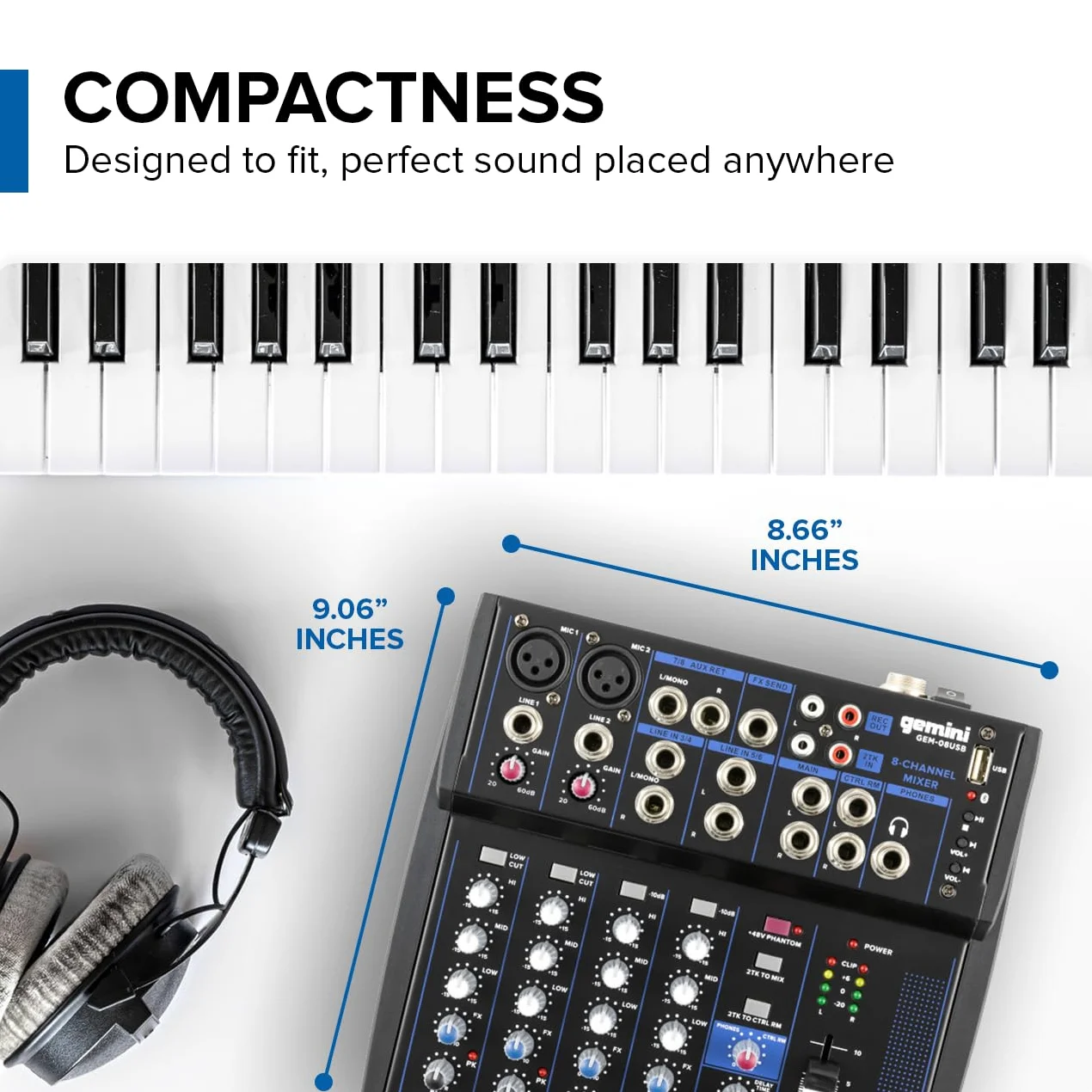 Gemini Sound GEM-08USB - Audio Mixer Analogico Compatto a 8 Canali con 2 Canali MIC, 3 Bande EQ, Riproduzione USB da Dispositivi USB e Streaming Bluetooth
