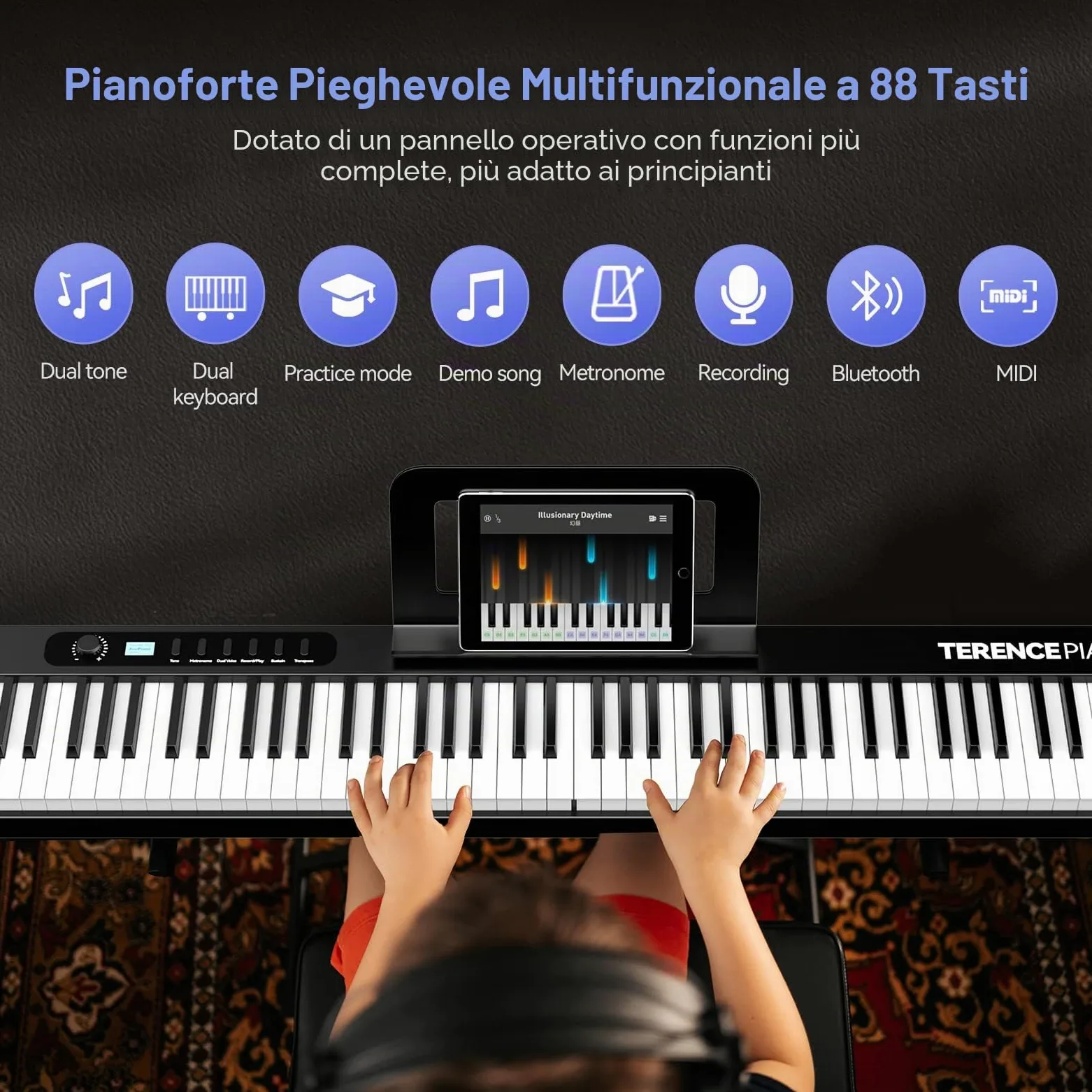 TERENCE Pieghevole Pianoforte Digitale 88 Tasti semi-pesati con batteria da 1750 mAh Bluetooth e interfaccia MIDI, supporto per spartiti Borsa adesiva Cavo audio con Pedale di sostegno (X88D)