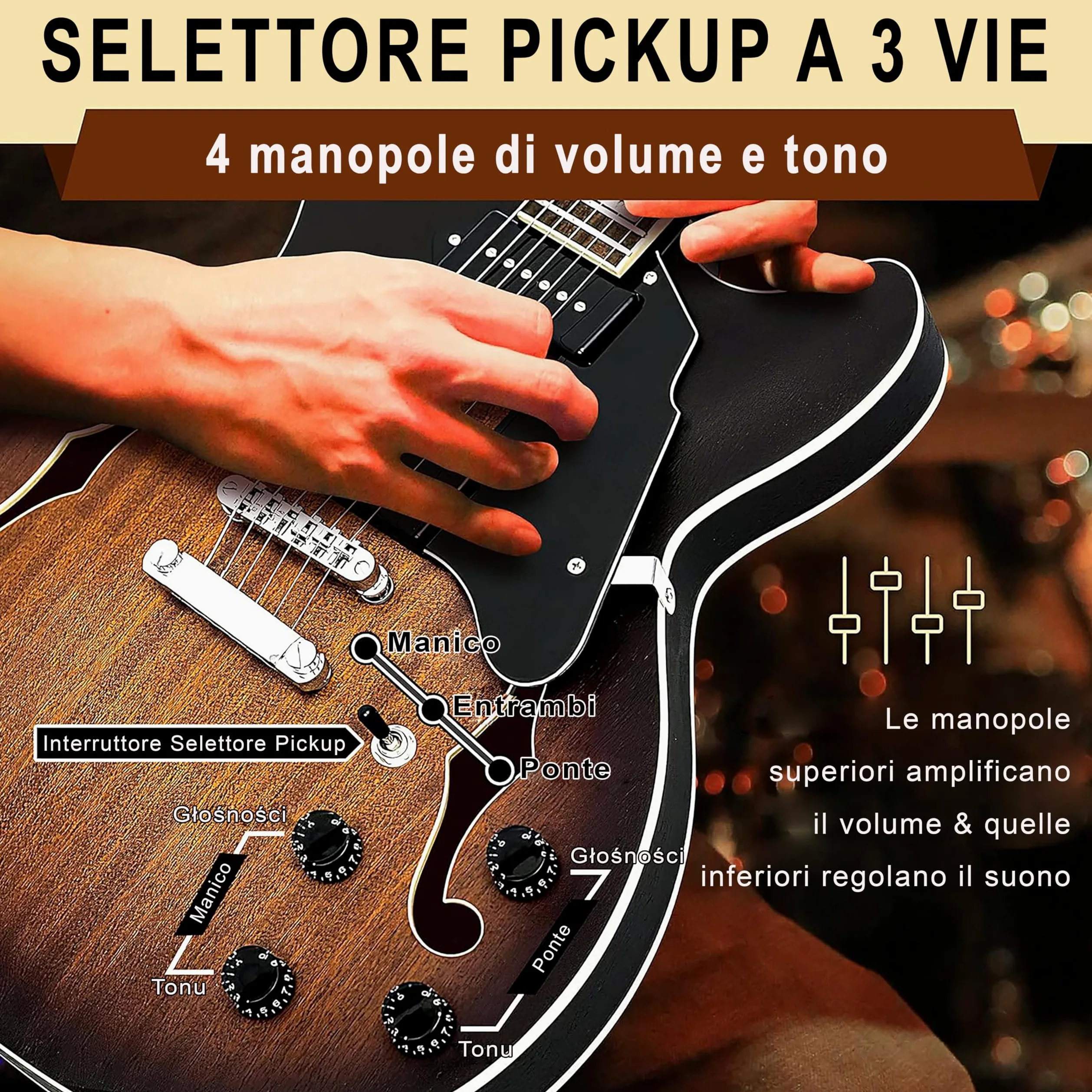 Pyle Chitarra Elettrica Semi-Hollow, Kit Chitarra Elettrica, Stile Jazz, 6 Corde con Borsa e Accessori, Full Size 106 cm