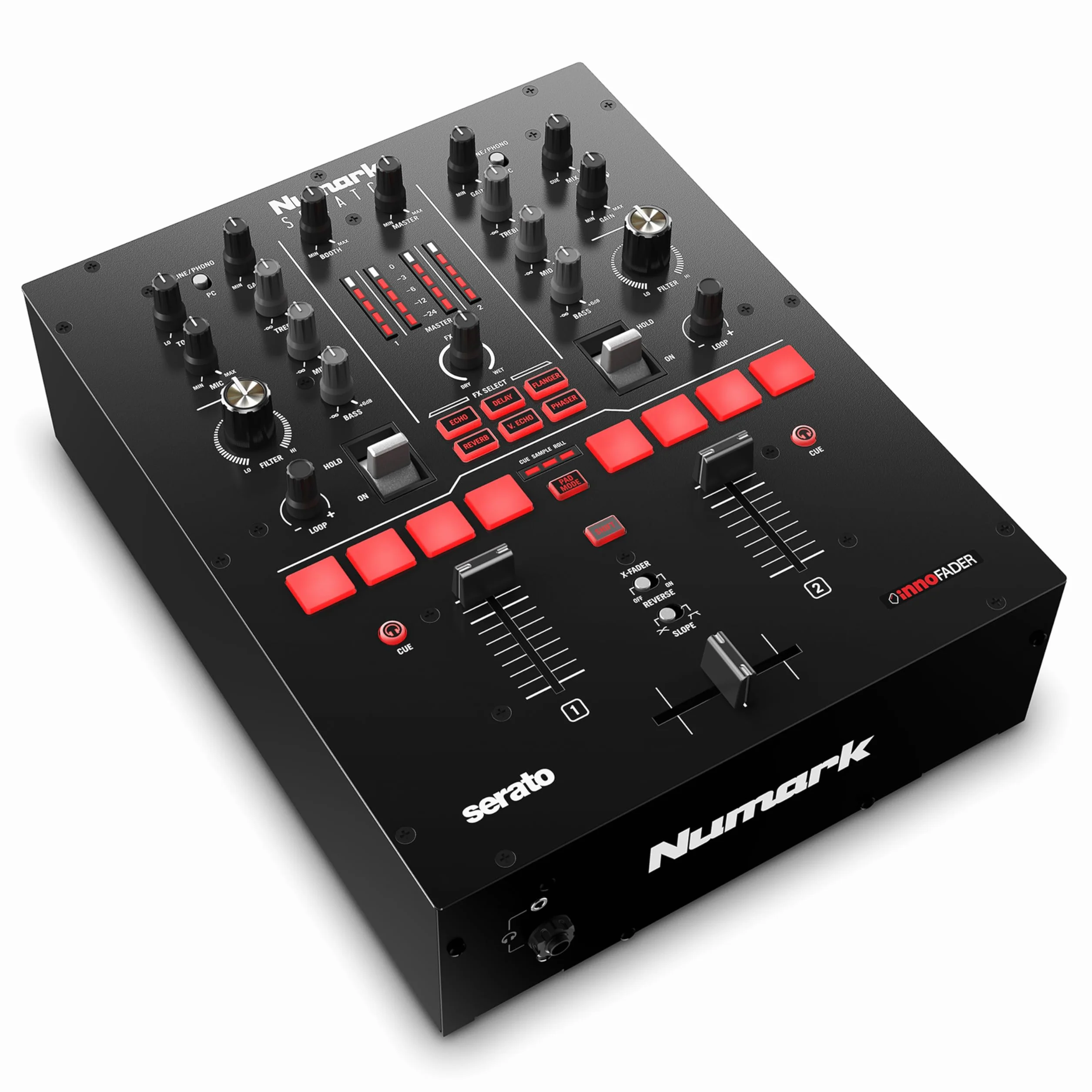 Numark Scratch Mixer Scratch a 2 Canali Per DJ + Serato DJ Pro, Crossfader Innofader, Licenza DVS, 6 Selettori per Effetti, Pad Performance