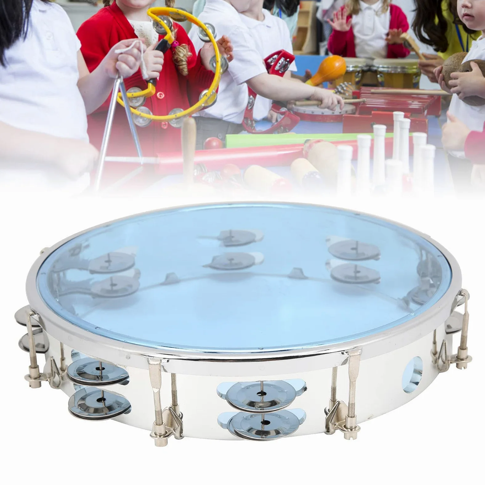 Tamburello per Adulti 10 Pollici Double Row Metal Jingles Strumento Musicale a Tamburo Educativo Tenuto in Mano per Giochi di Società(blu)