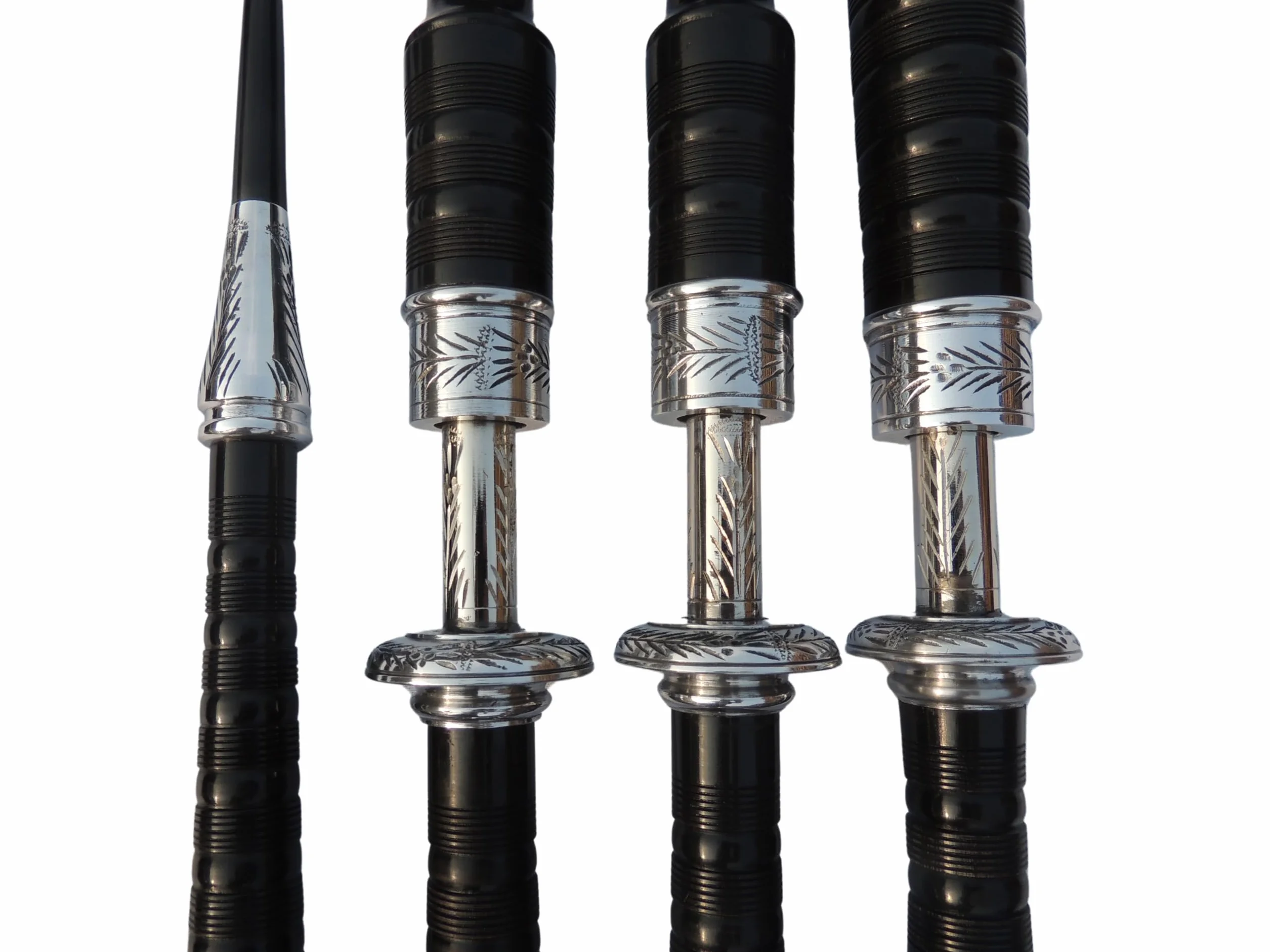 Cornamusa Great Highland in legno di cobolo sfumato nero con supporti incisi in nichel argento e cordino di copertura in velluto nero, per studenti, kit completo con guida per