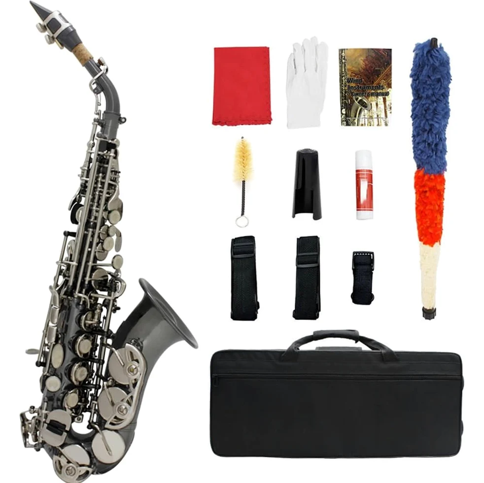 Sassofono soprano curvo in Si bemolle for studenti principianti principianti, sax si bemolle con custodia, bocchino, pastiglie, ance, kit di pulizia, tracolla, guanti bianchi