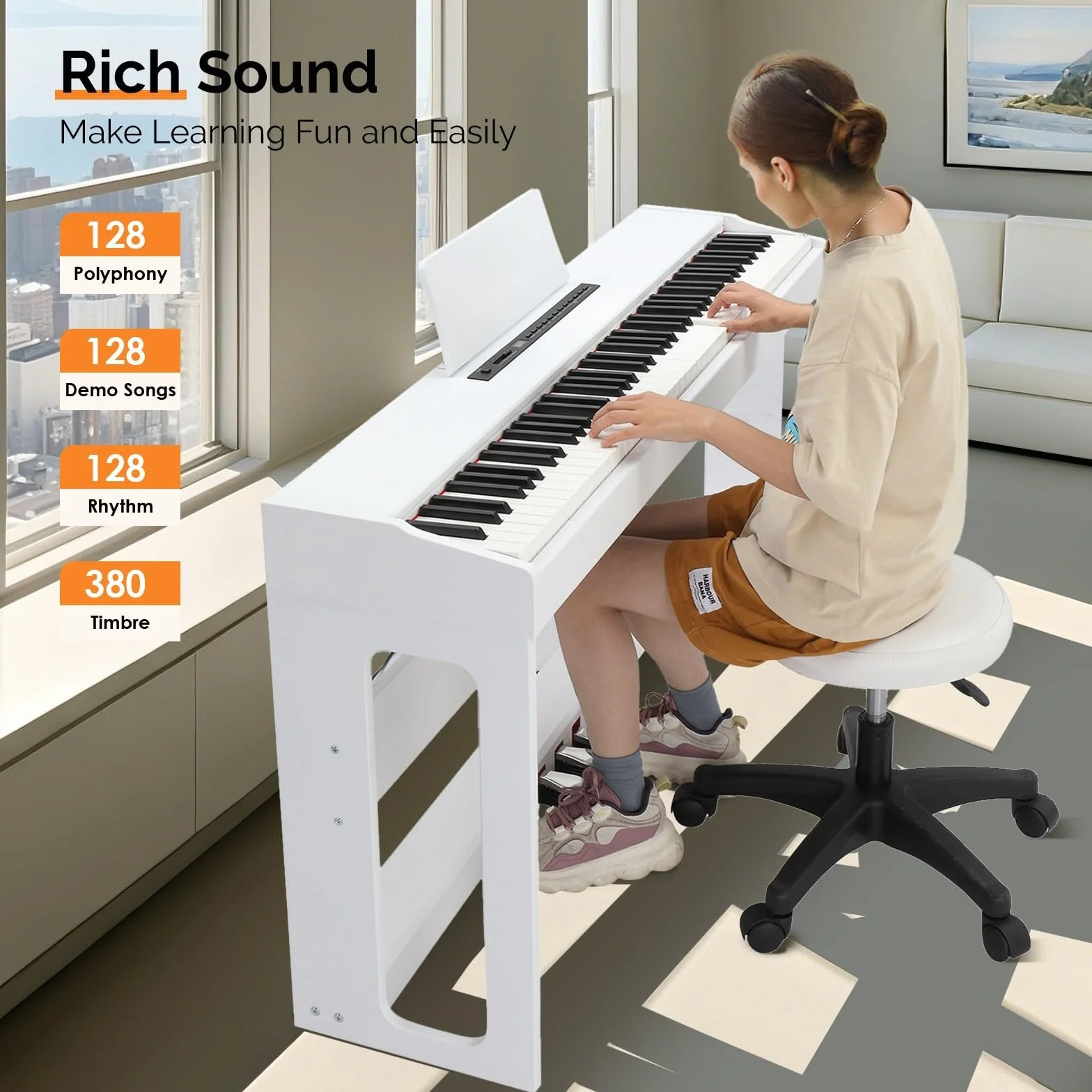 LALAHO E-Piano 88 tasti pesati, pianoforte digitale per principianti, tastiera piano con unità 3 pedali, MIDI-USB, doppio Bluetooth, altoparlanti stereo, 128 toni e ritmi, bianco