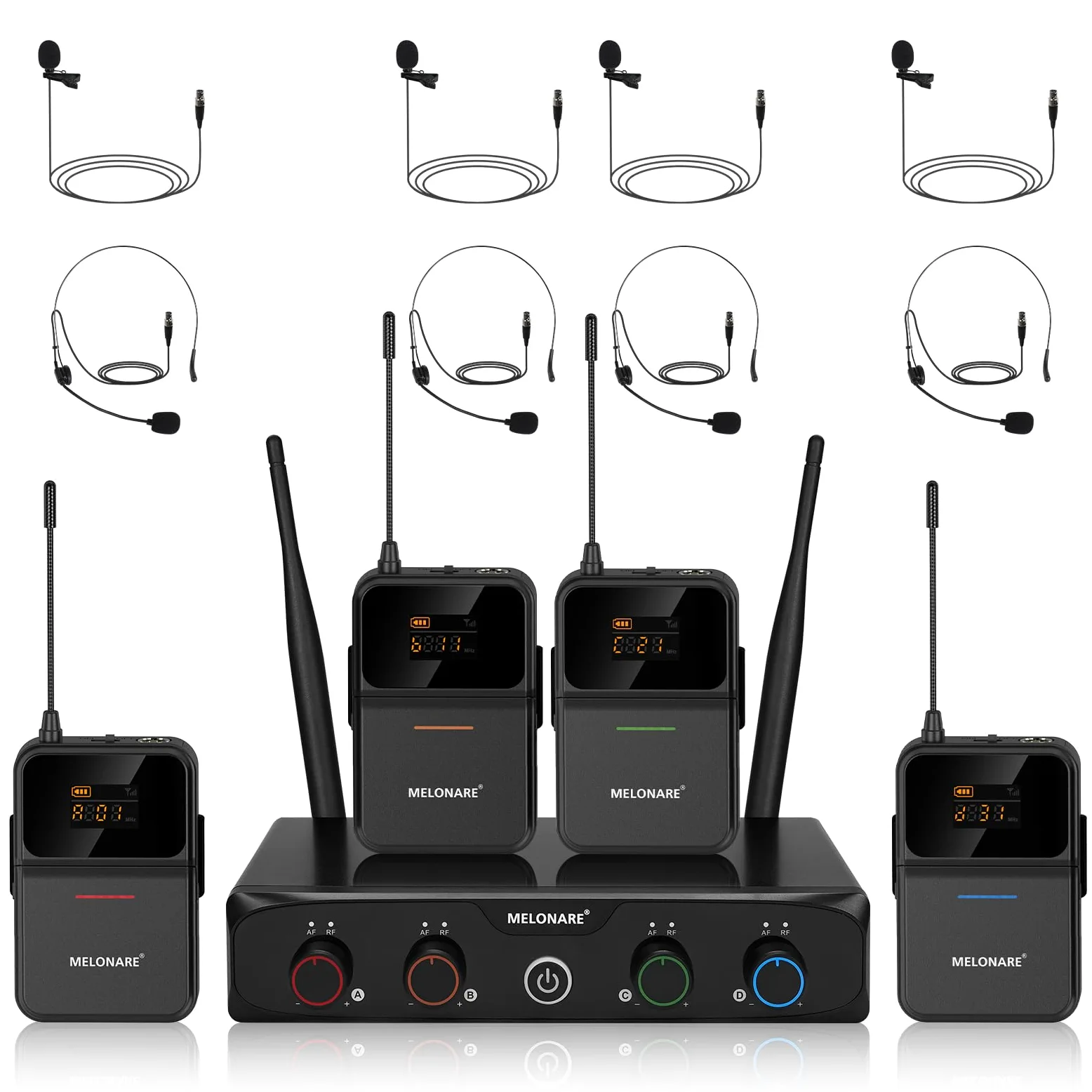 MELONARE Sistema microfonico wireless UHF a 4 canali con 4x10 frequenze, portata di 200 piedi, 4 bodypack e microfoni per cuffie/lapelle per canto, chiesa, conferenza (MWM-41-4B)