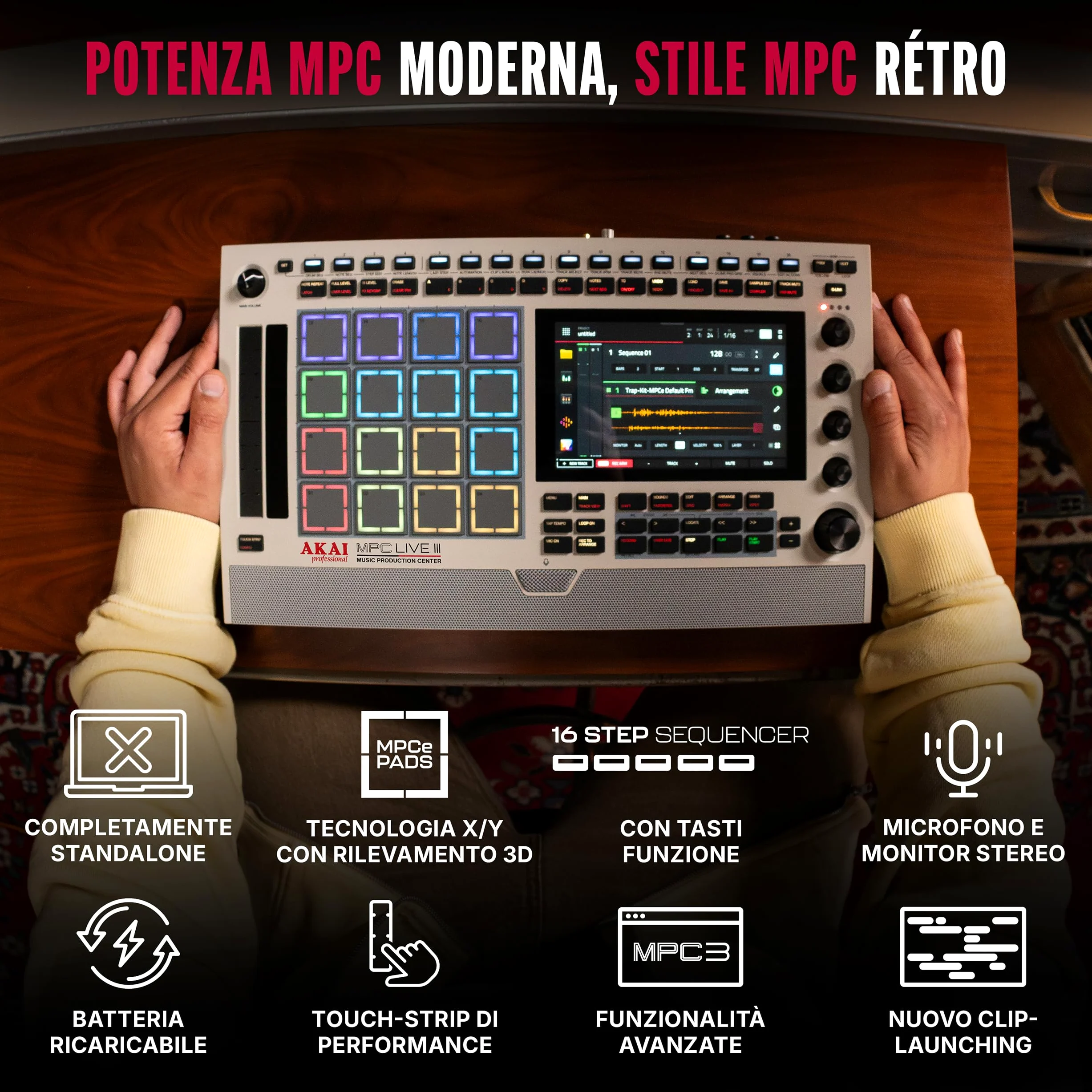 Akai Professional MPC Live III Retro Centro di Produzione Musicale Portatile Standalone con Pads MPCe, Sequencer, Touchscreen, Microfono, Monitor Stereo, Interfaccia Audio, Wi-Fi, Bluetooth, Batteria