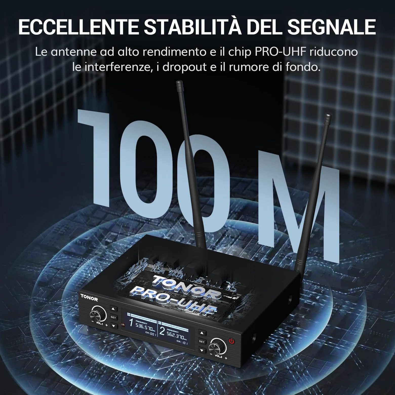 TONOR sistema microfono wireless, microfono ricaricabile professionale, microfono dinamico cordless in metallo 2x100 UHF per karaoke, chiesa, canto, matrimonio, riunione, DJ, Auto Scan, 100M, TW750