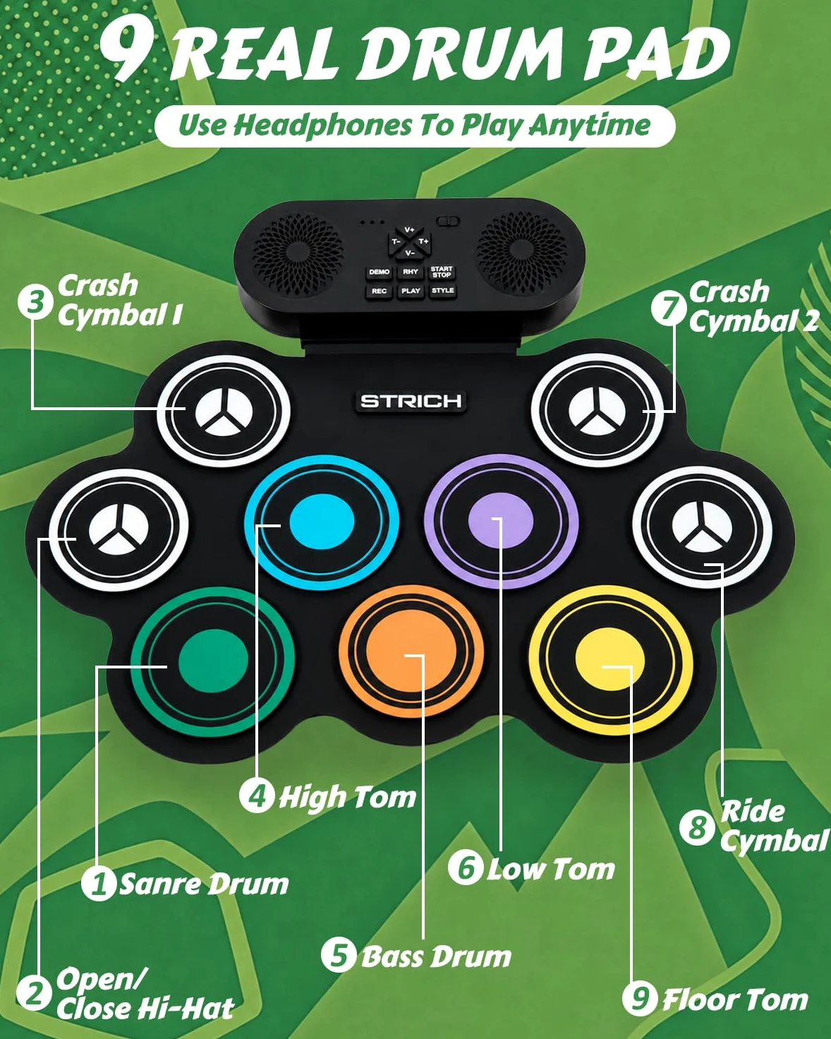 STRICH Batteria Elettronica, Tappetino Batteria Arrotolabile 9 Pad, Pad Portatile con Altoparlante Integrato, Pedali e Bacchette, 10 Ore di Riproduzione(SED-K10)