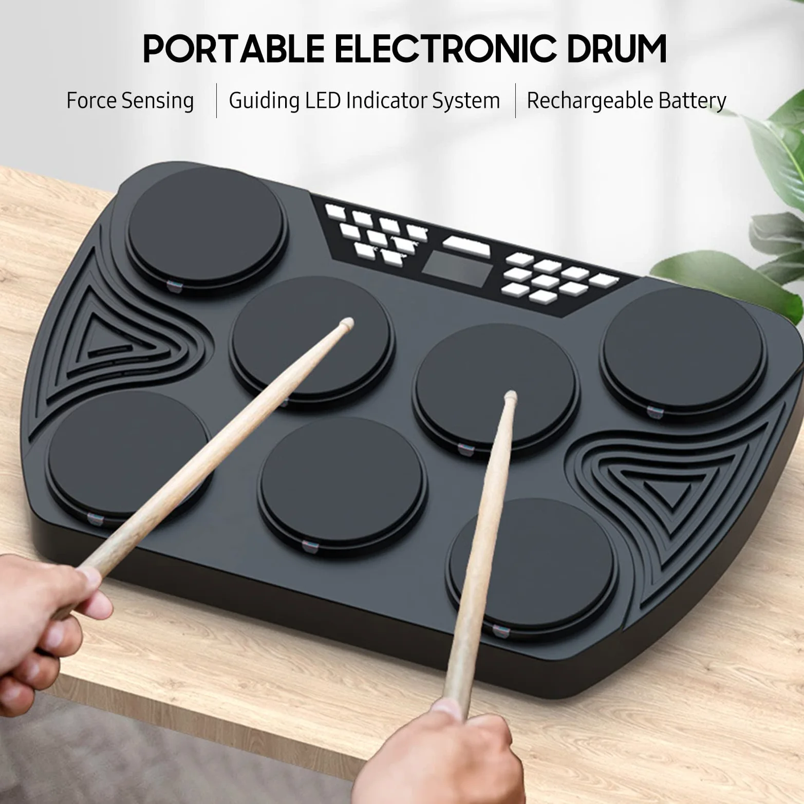 Electronic Drum Kit,Batteria elettronica portatile multifunzione Set 7 pad sensibili alla velocità Tamburo da tavolo 2 altoparlanti integrati Stereo ricaricabile Supporto per pad del tamburo pe