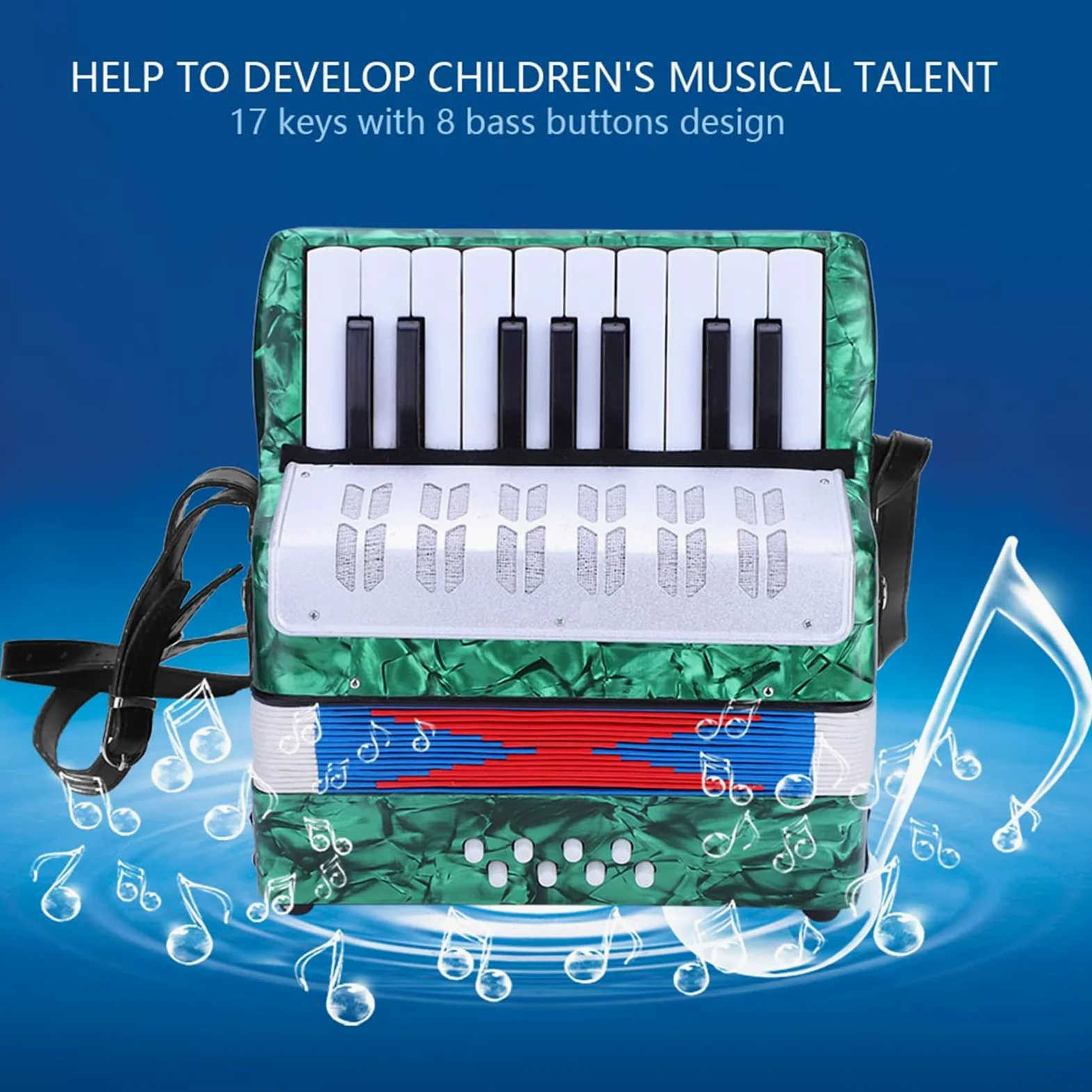 Domary Fisarmonica 17 Tasti 8 Bassi Strumento Musicale per Pianoforte per Principianti Leggero Resistente Durevole Cinturino Regolabile Bambini Rosso Blu Verde Blu Navy (Verde)